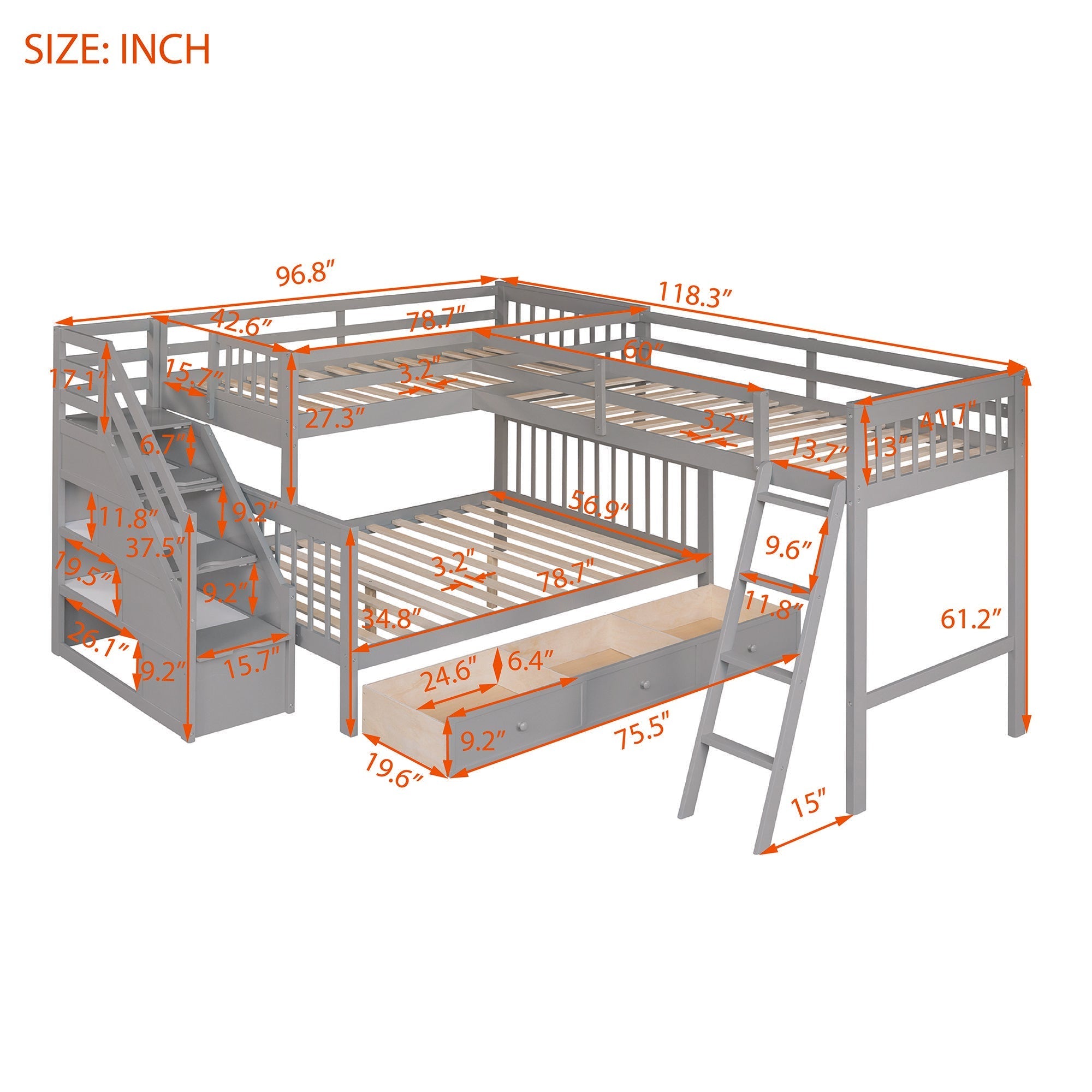 Space-Saving Twin over Full L-Shaped Wood Bunk Bed with 3 Drawers, Ladder, and Staircase in Gray | Just Better Bunk Beds