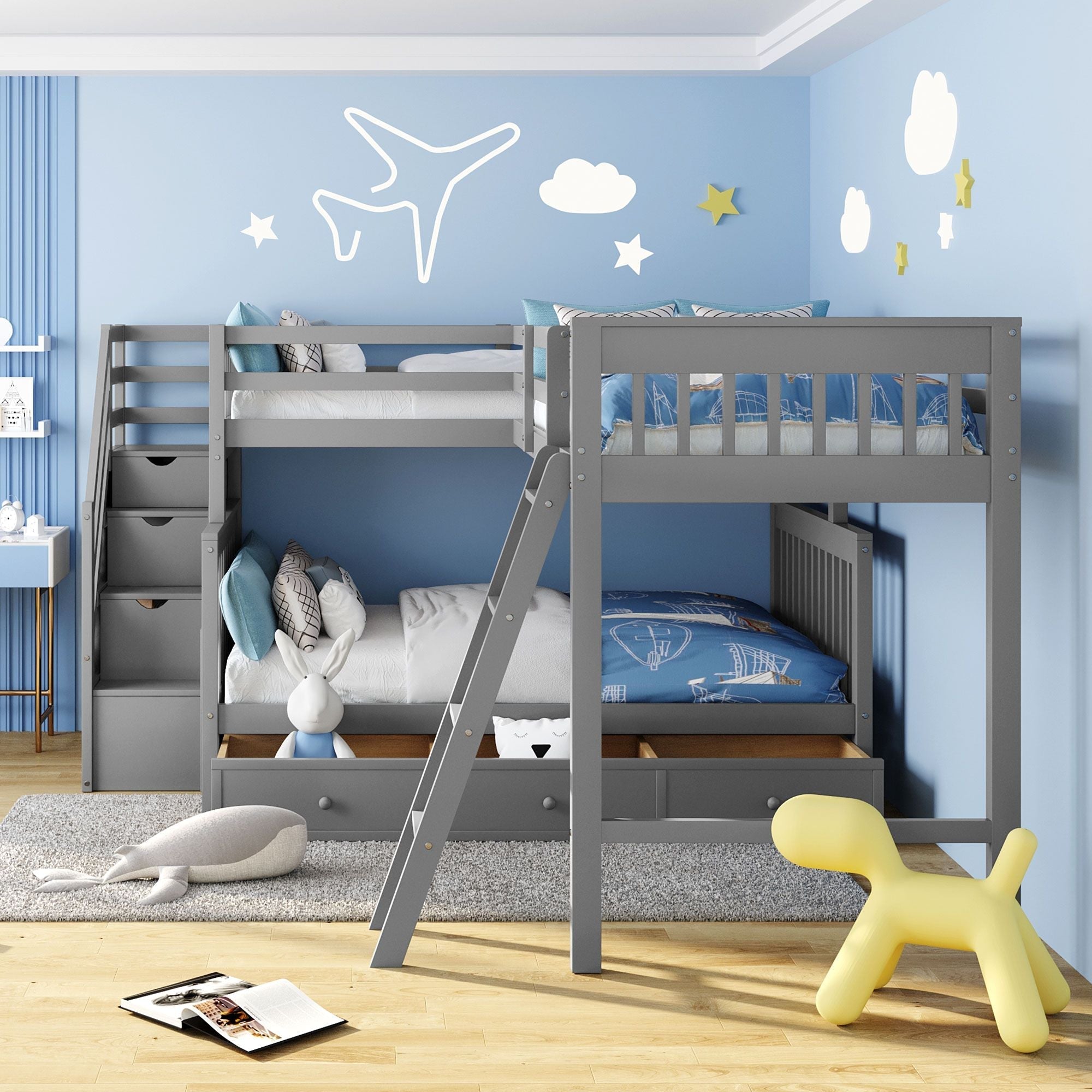 Space-Saving Twin over Full L-Shaped Wood Bunk Bed with 3 Drawers, Ladder, and Staircase in Gray | Just Better Bunk Beds