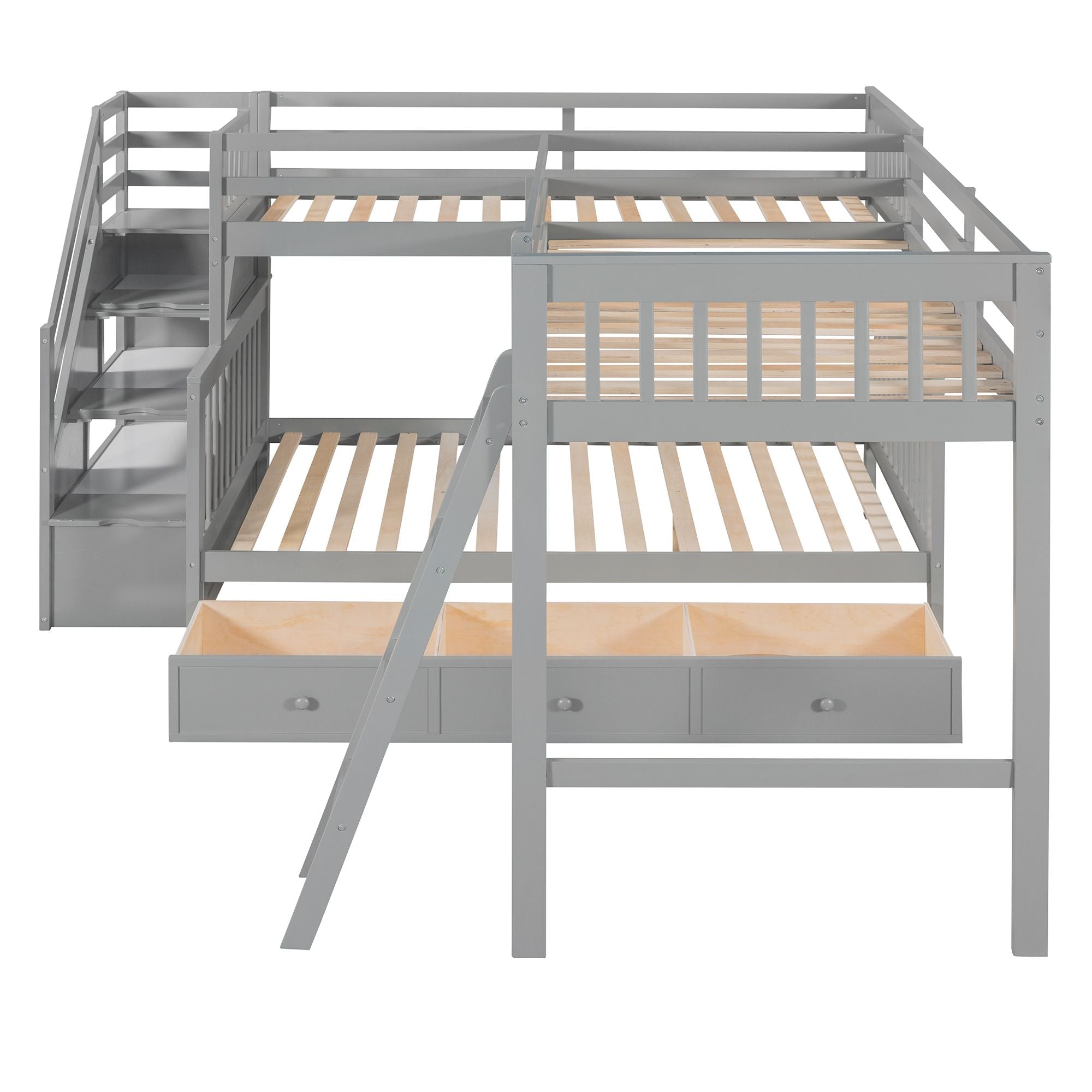 Space-Saving Twin over Full L-Shaped Wood Bunk Bed with 3 Drawers, Ladder, and Staircase in Gray | Just Better Bunk Beds
