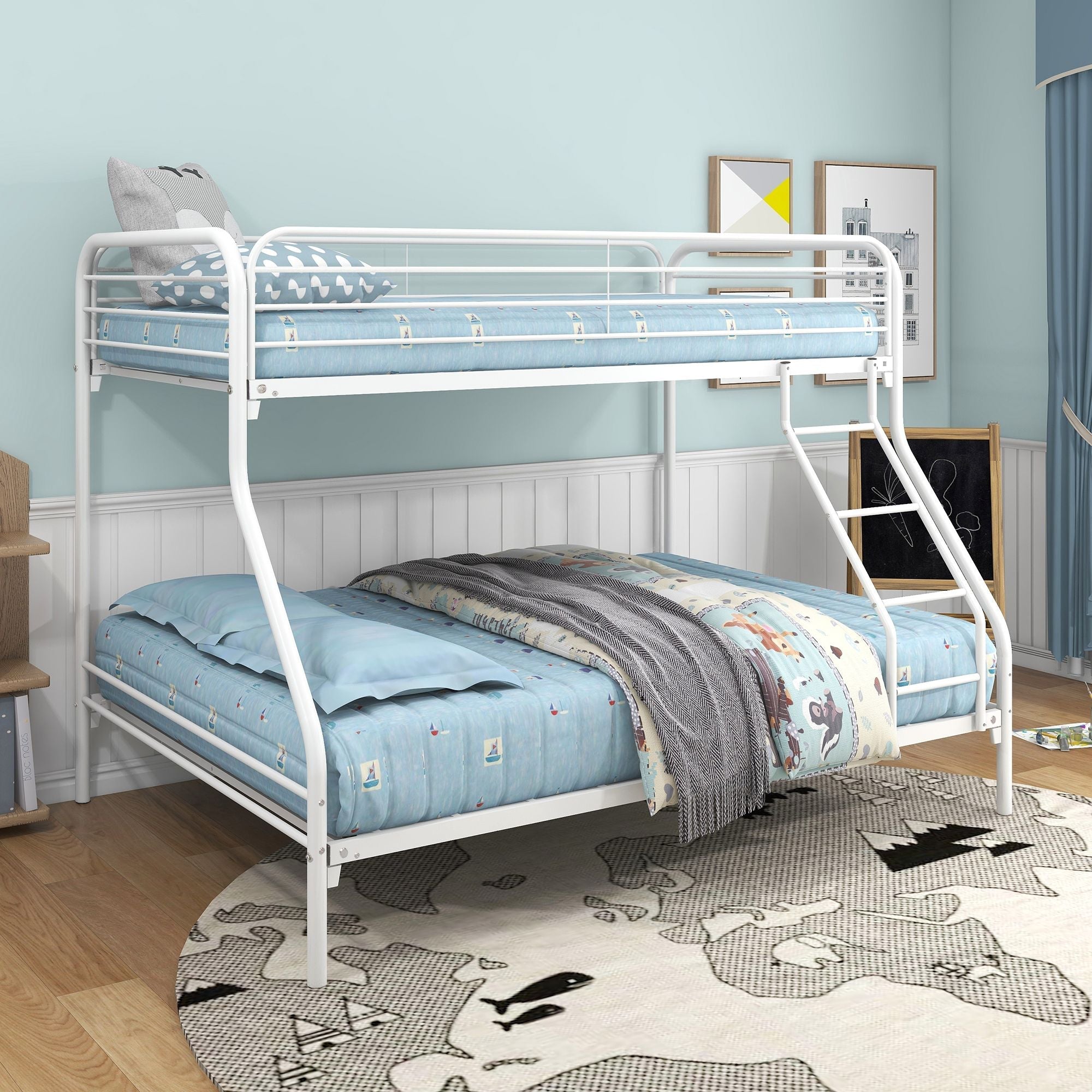 Space-Saving Twin Over Full Metal Bunk Bed with Enhanced Guardrail, White | Just Better Bunk Beds