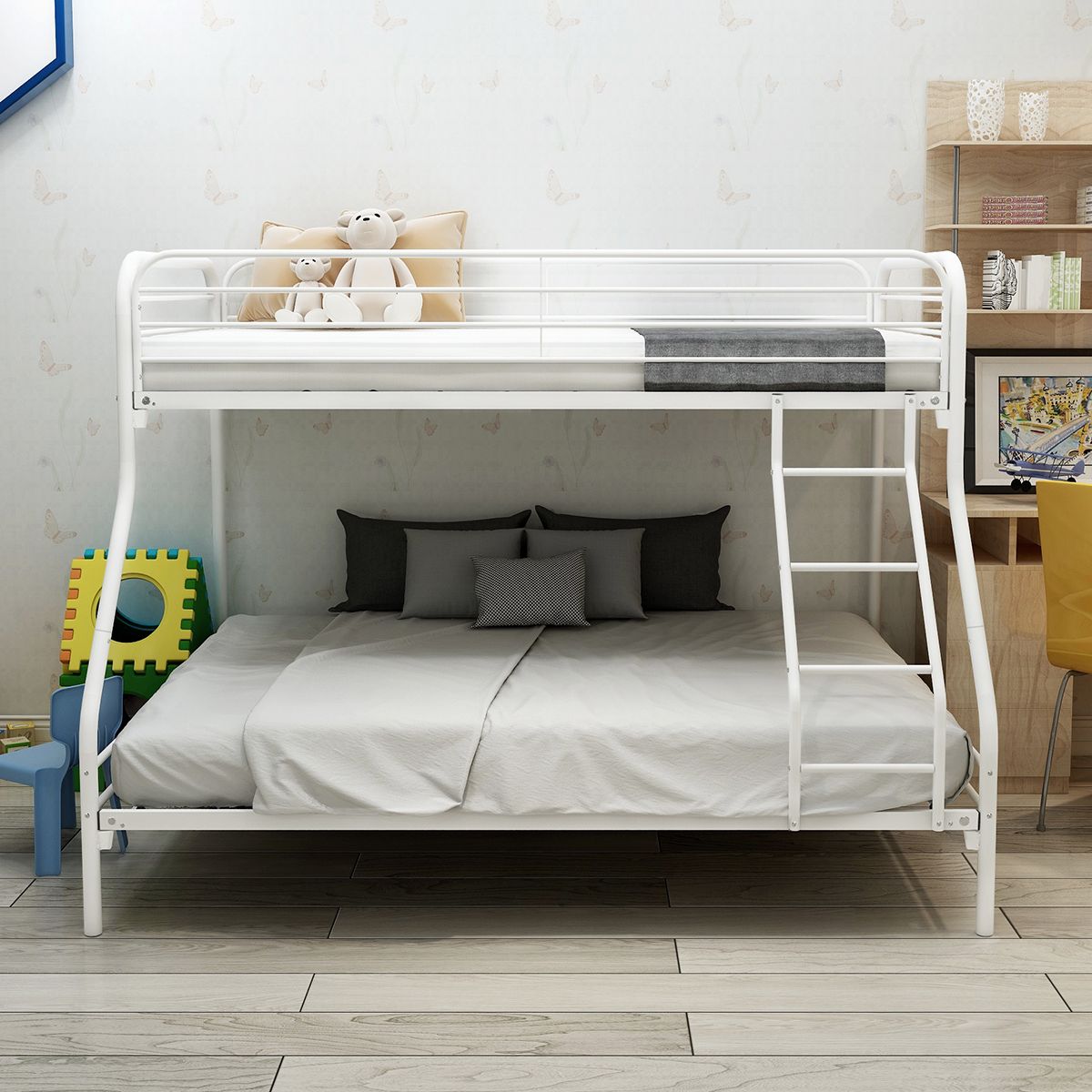 Space-Saving Twin Over Full Metal Bunk Bed with Enhanced Guardrail, White | Just Better Bunk Beds