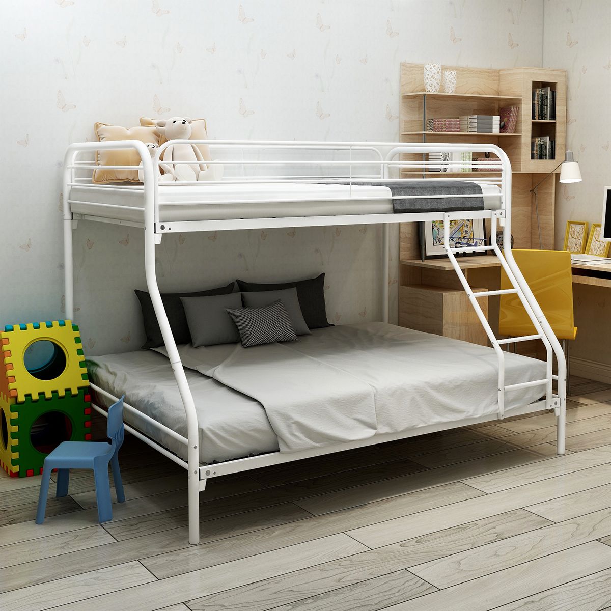 Space-Saving Twin Over Full Metal Bunk Bed with Enhanced Guardrail, White | Just Better Bunk Beds