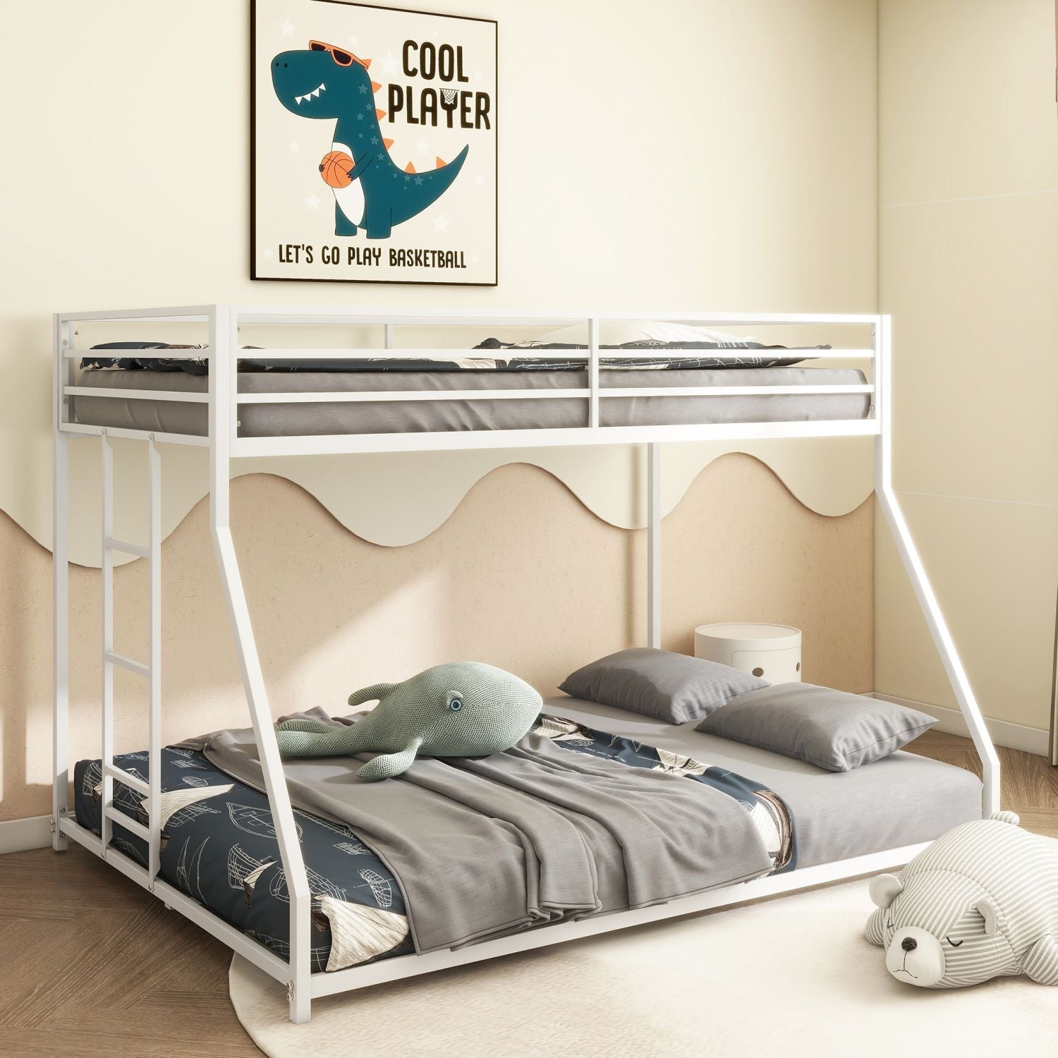 Space-Saving Twin Over Full Metal Bunk Bed with Stable Ladder, Low Profile White Finish | Just Better Bunk Beds