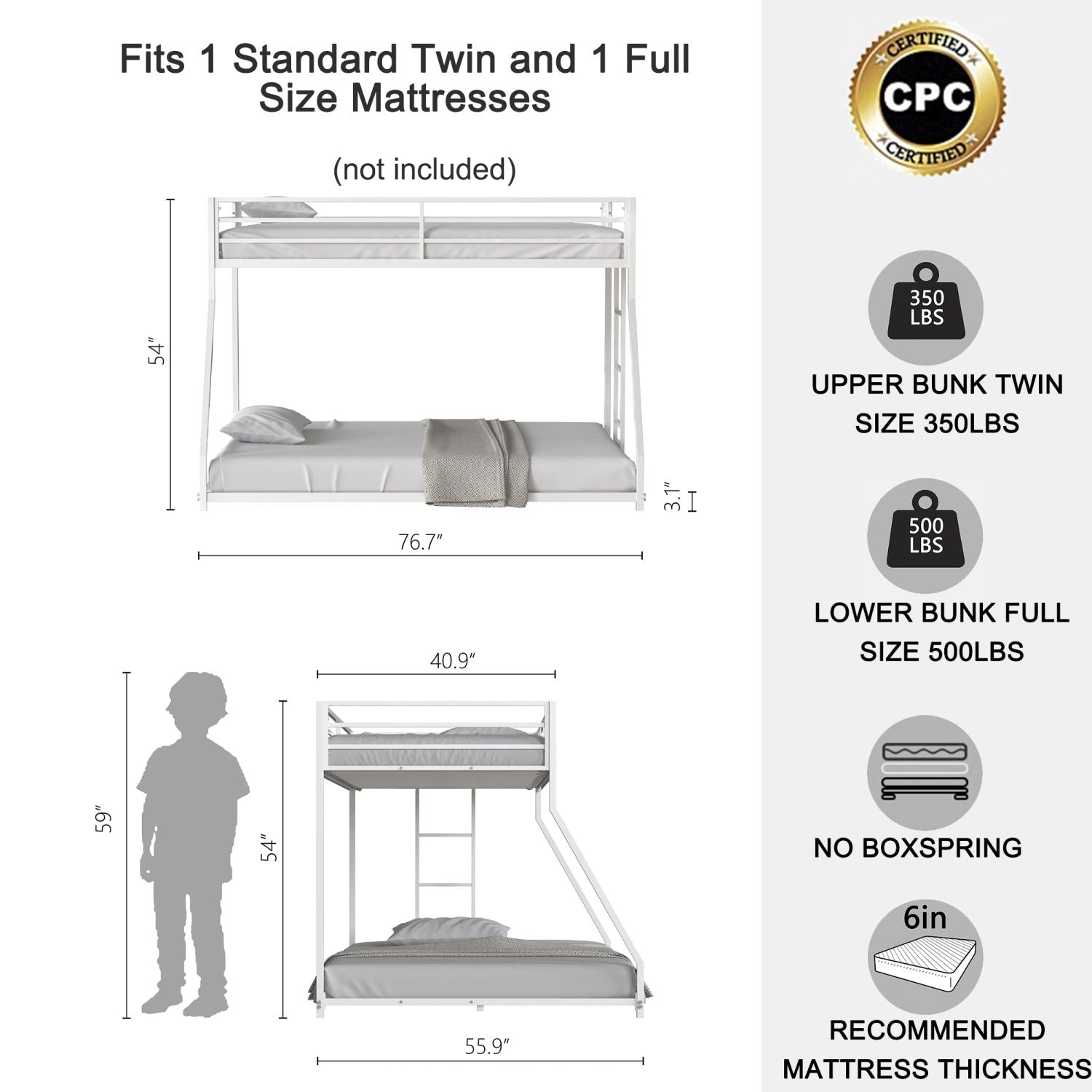 Space-Saving Twin Over Full Metal Bunk Bed with Stable Ladder, Low Profile White Finish | Just Better Bunk Beds