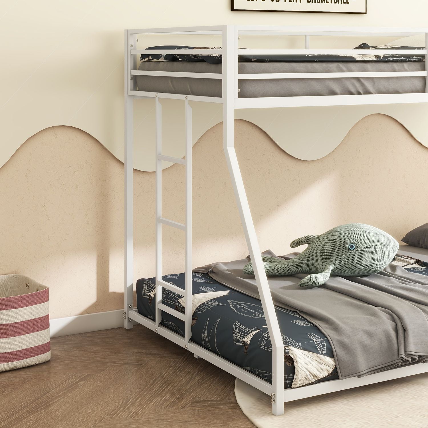 Space-Saving Twin Over Full Metal Bunk Bed with Stable Ladder, Low Profile White Finish | Just Better Bunk Beds