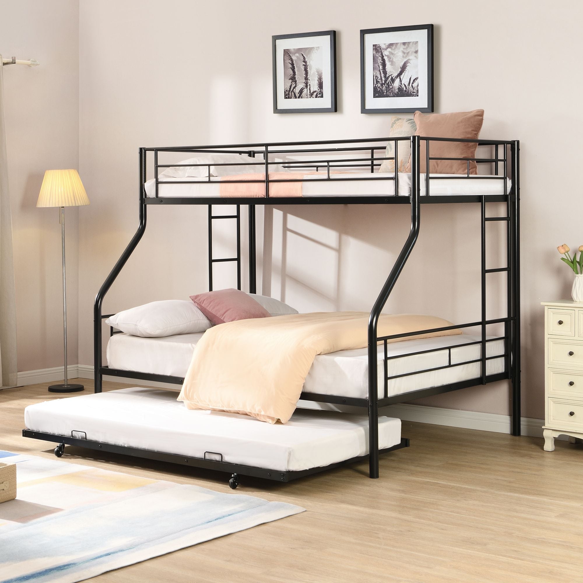 Space-Saving Twin Over Full Metal Bunk Bed with Trundle No Box Spring Needed Easy Assembly | Just Better Bunk Beds