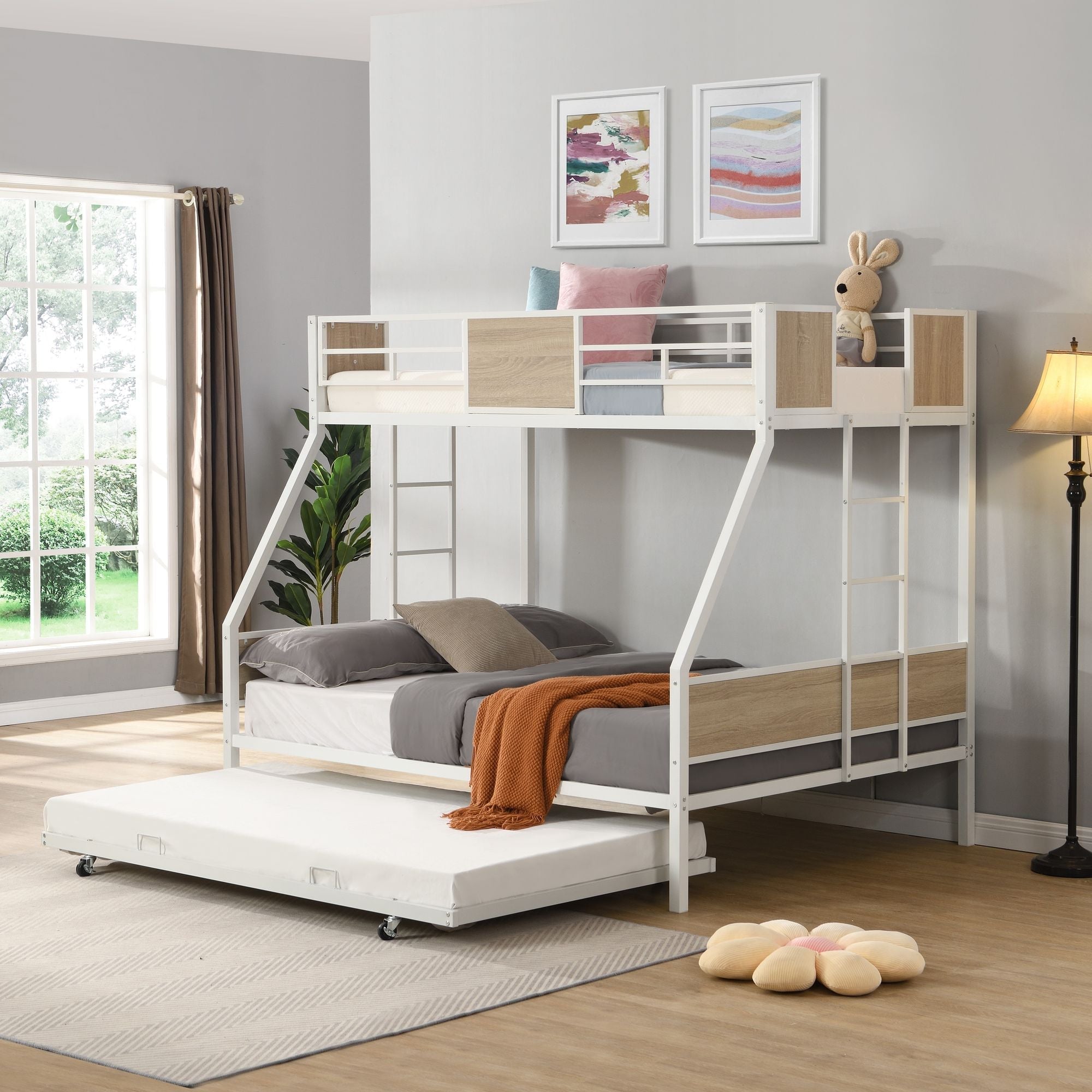 Space-Saving Twin Over Full Metal Bunk Bed with Trundle, Side Ladder, Full Guardrails, Large Storage | Just Better Bunk Beds