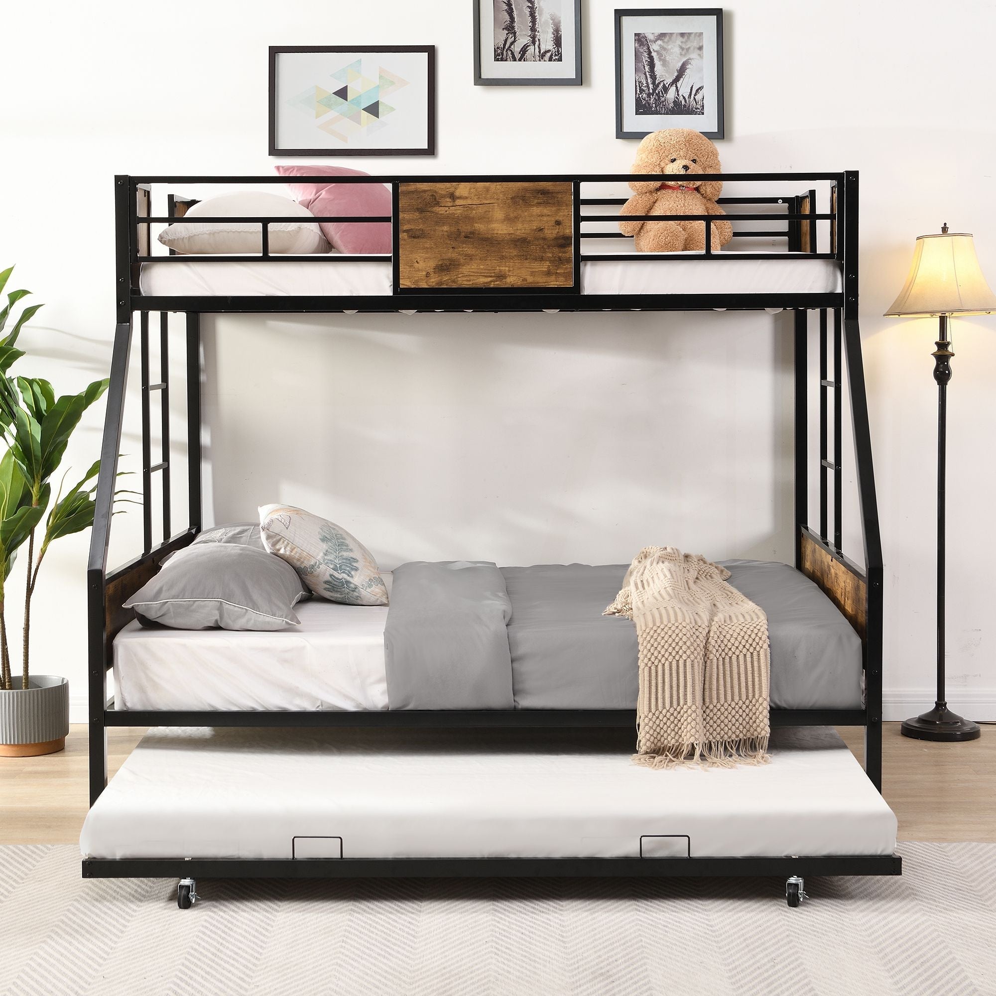 Space-Saving Twin Over Full Metal Bunk Bed with Trundle, Side Ladder, Full Guardrails, Large Storage | Just Better Bunk Beds