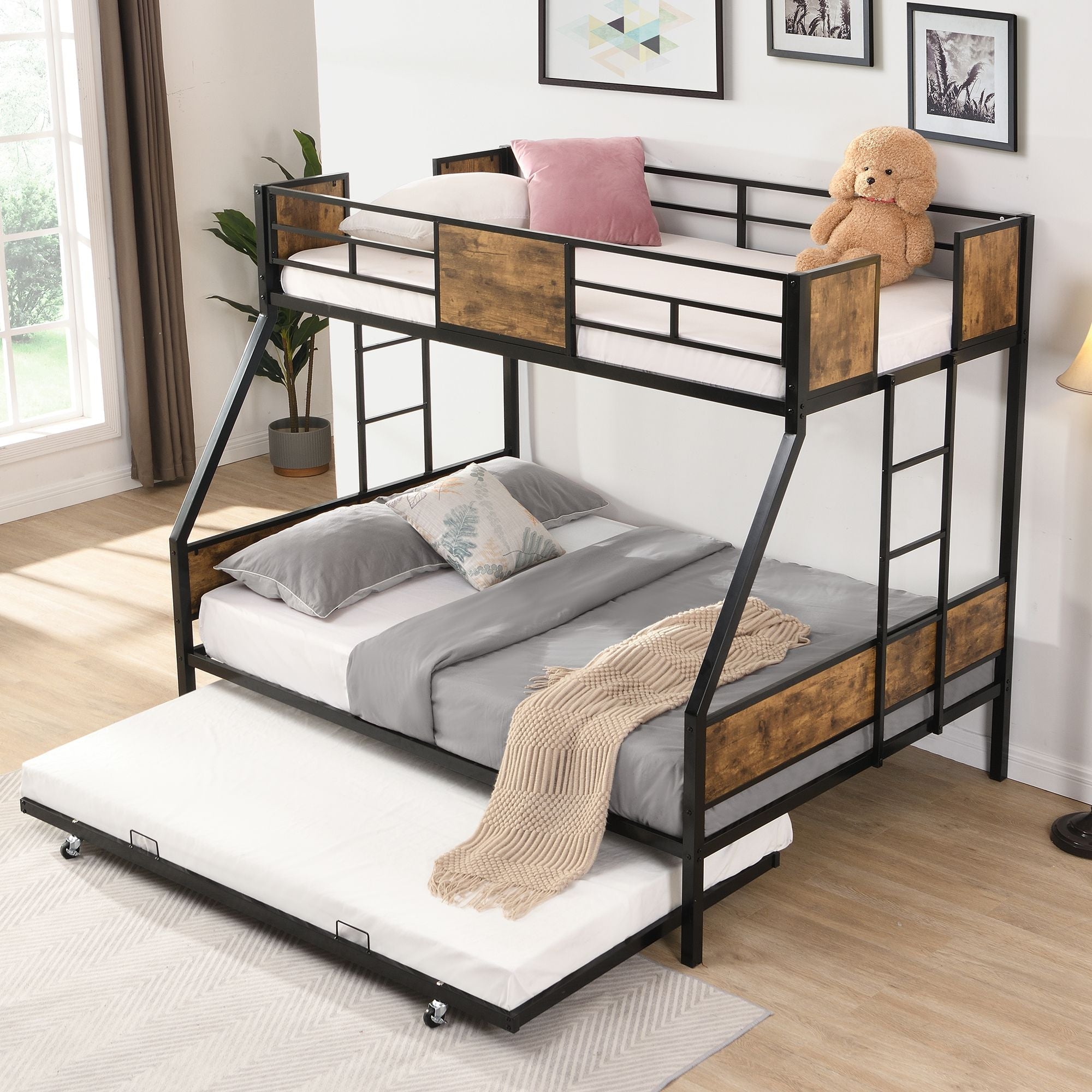 Space-Saving Twin Over Full Metal Bunk Bed with Trundle, Side Ladder, Full Guardrails, Large Storage | Just Better Bunk Beds