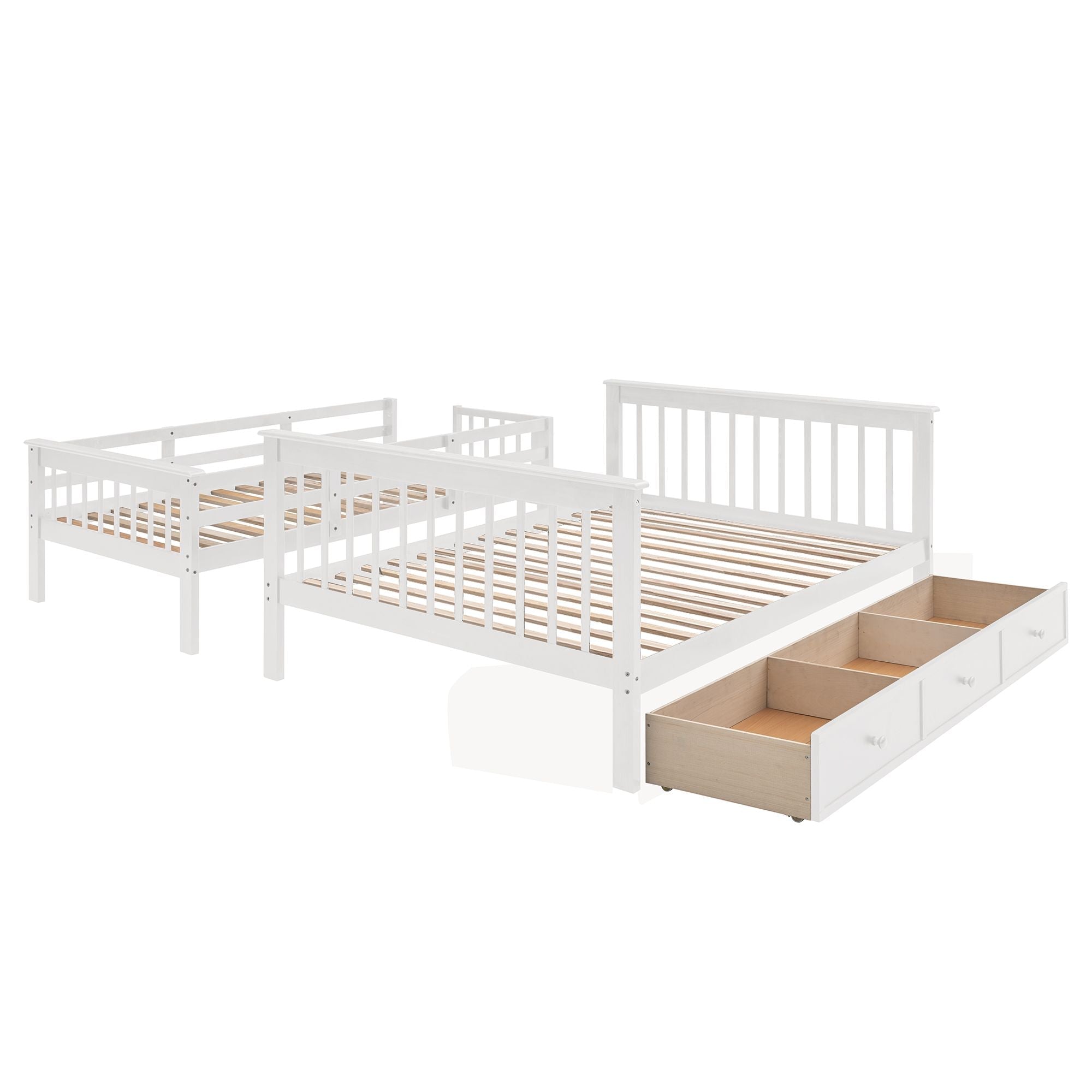 Space-Saving Twin-Over-Full Pine Wood Bunk Bed with Stairway Storage, Drawer, and Guardrails in White | Just Better Bunk Beds