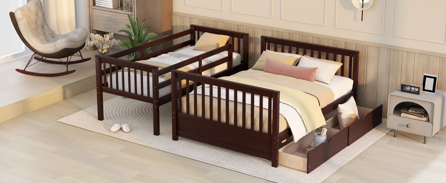 Space-Saving Twin Over Full Wood Bunk Bed with Ladder and Two Storage Drawers, Espresso | Just Better Bunk Beds