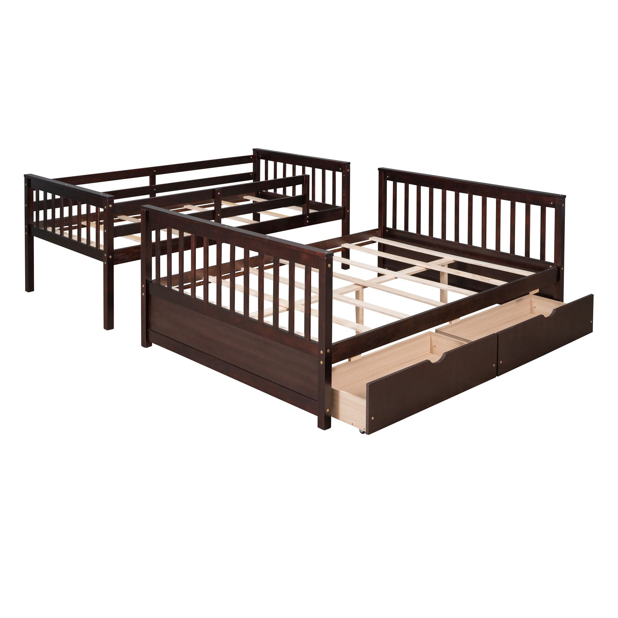 Space-Saving Twin Over Full Wood Bunk Bed with Ladder and Two Storage Drawers, Espresso | Just Better Bunk Beds