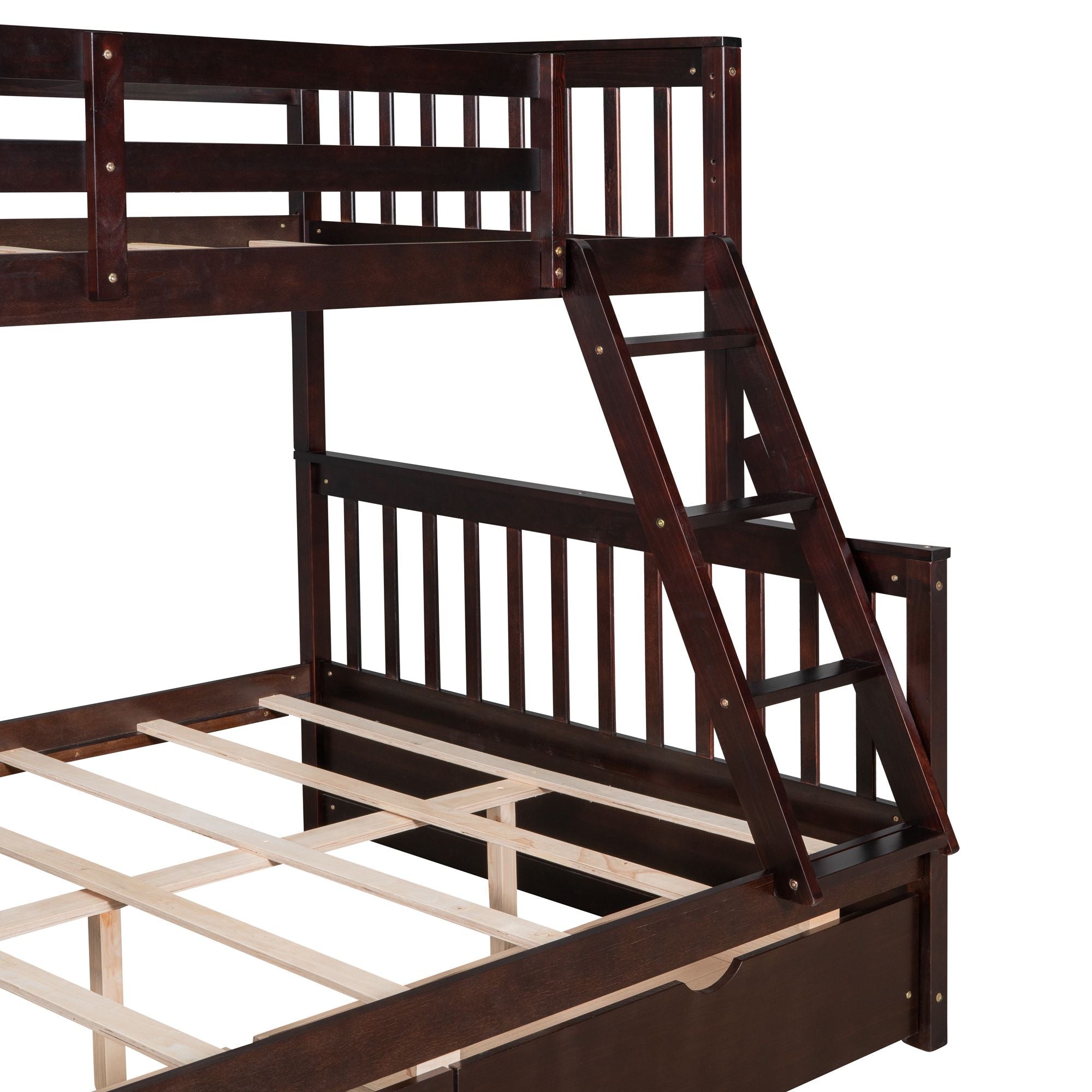 Space-Saving Twin Over Full Wood Bunk Bed with Ladder and Two Storage Drawers, Espresso | Just Better Bunk Beds