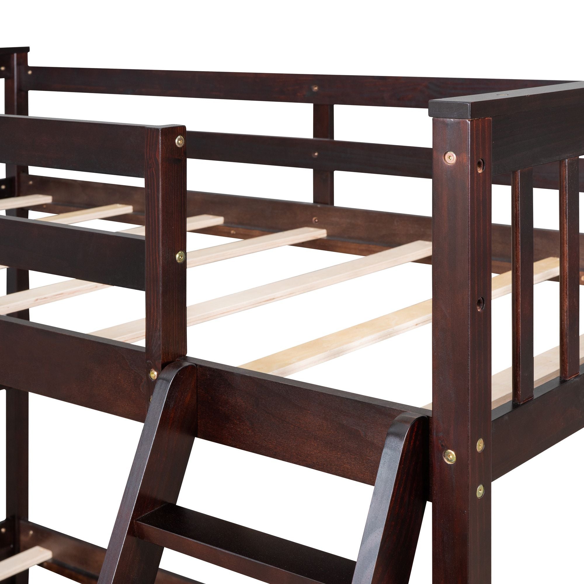 Space-Saving Twin Over Full Wood Bunk Bed with Ladder and Two Storage Drawers, Espresso | Just Better Bunk Beds