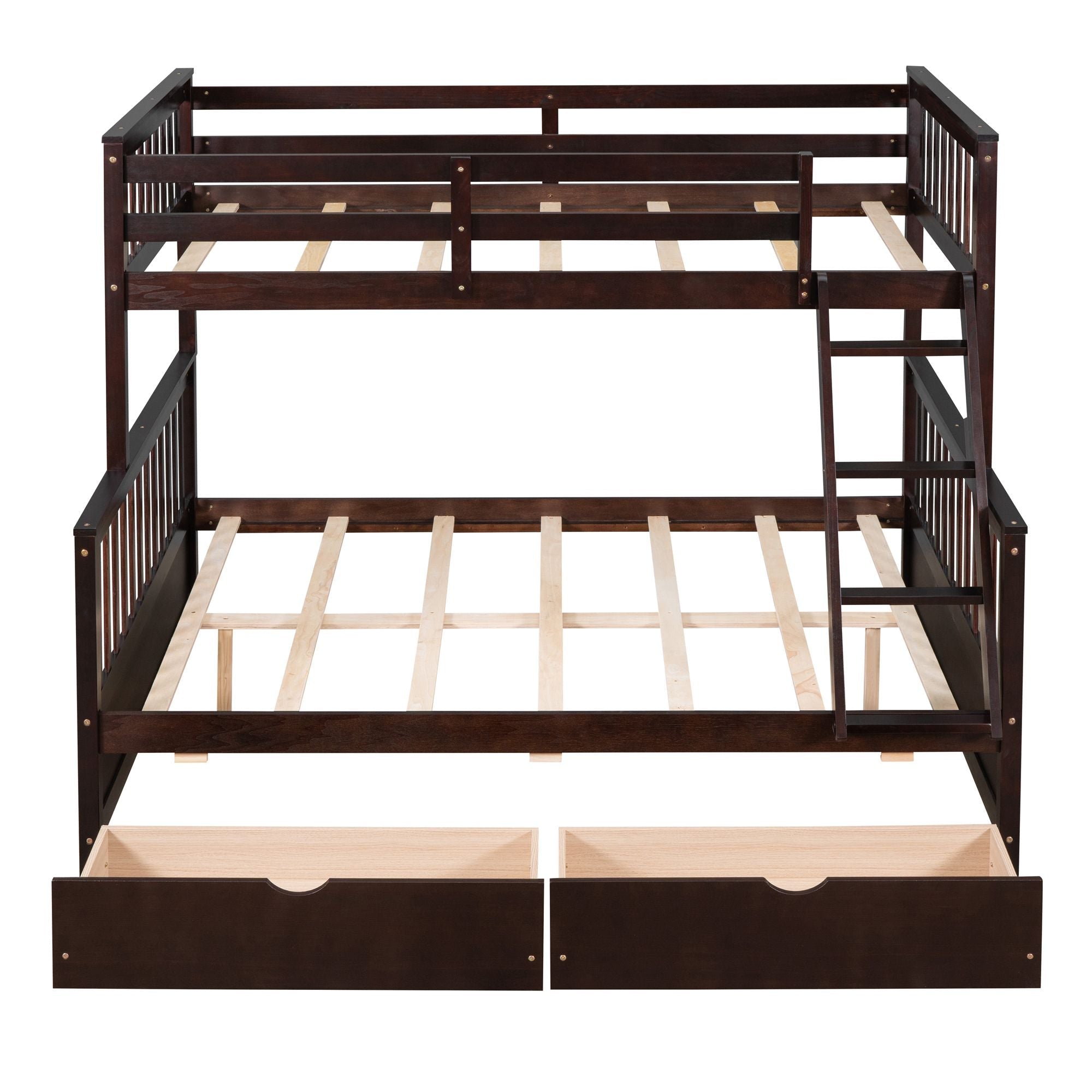 Space-Saving Twin Over Full Wood Bunk Bed with Ladder and Two Storage Drawers, Espresso | Just Better Bunk Beds