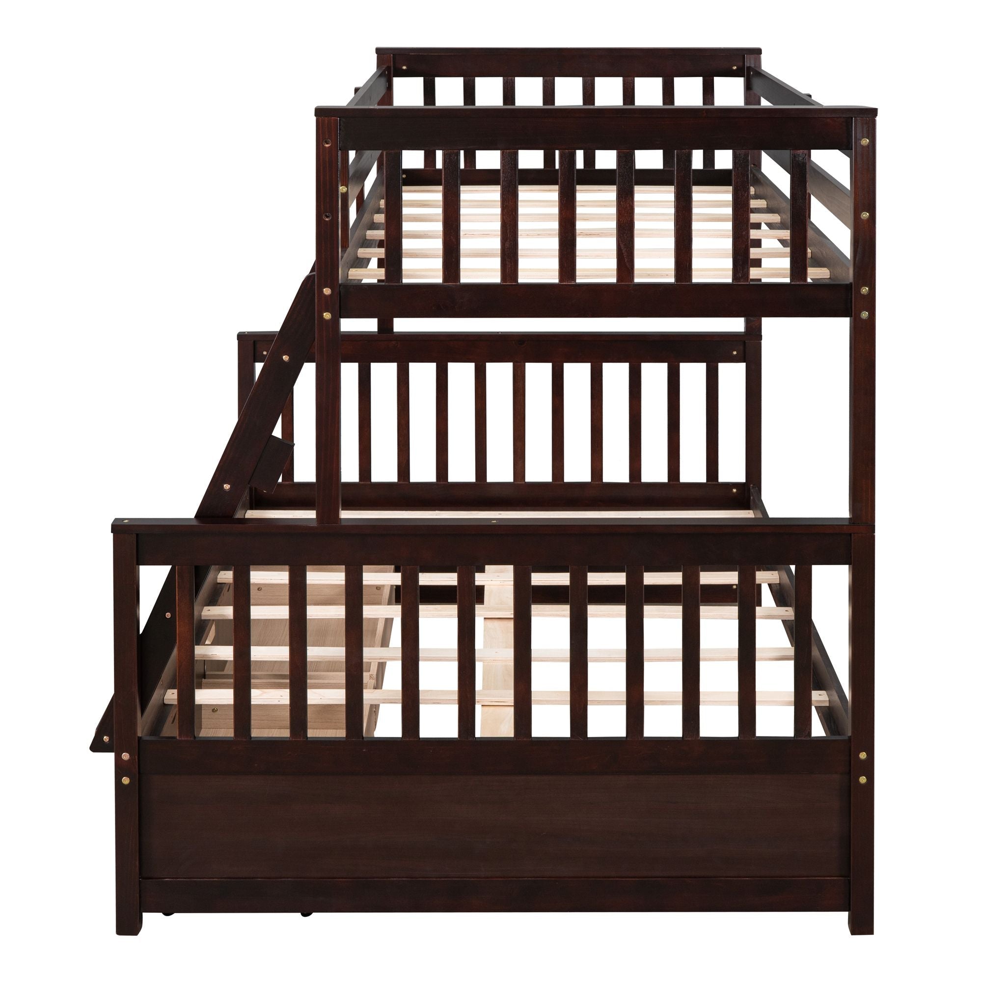 Space-Saving Twin Over Full Wood Bunk Bed with Ladder and Two Storage Drawers, Espresso | Just Better Bunk Beds