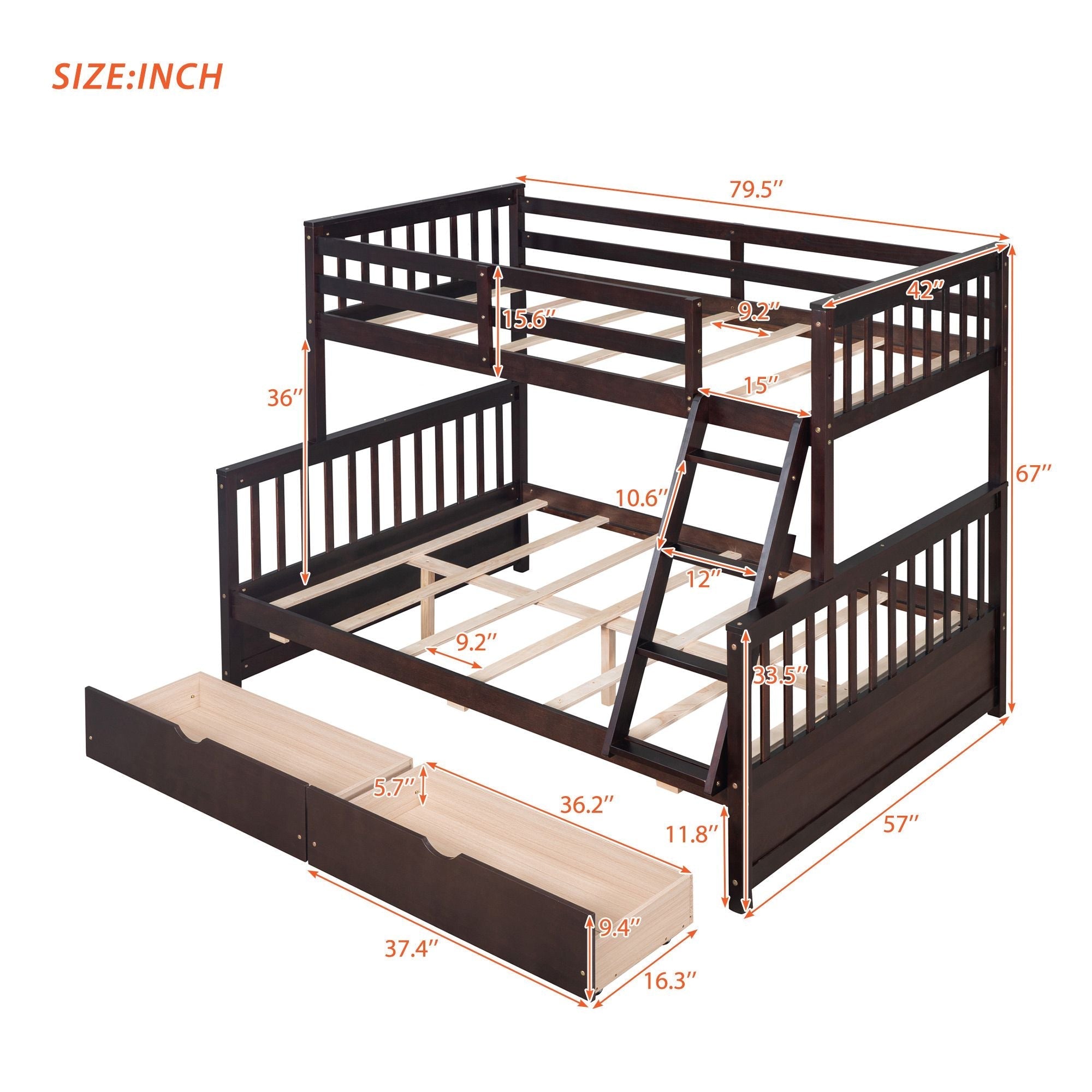 Space-Saving Twin Over Full Wood Bunk Bed with Ladder and Two Storage Drawers, Espresso | Just Better Bunk Beds