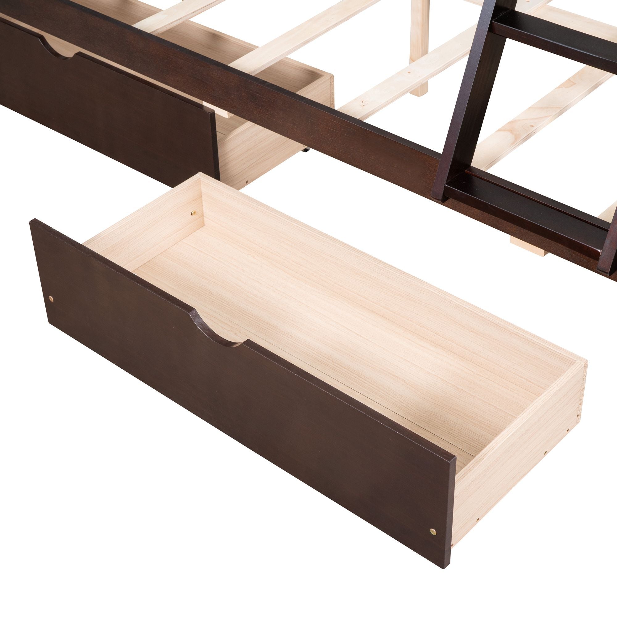 Space-Saving Twin Over Full Wood Bunk Bed with Ladder and Two Storage Drawers, Espresso | Just Better Bunk Beds