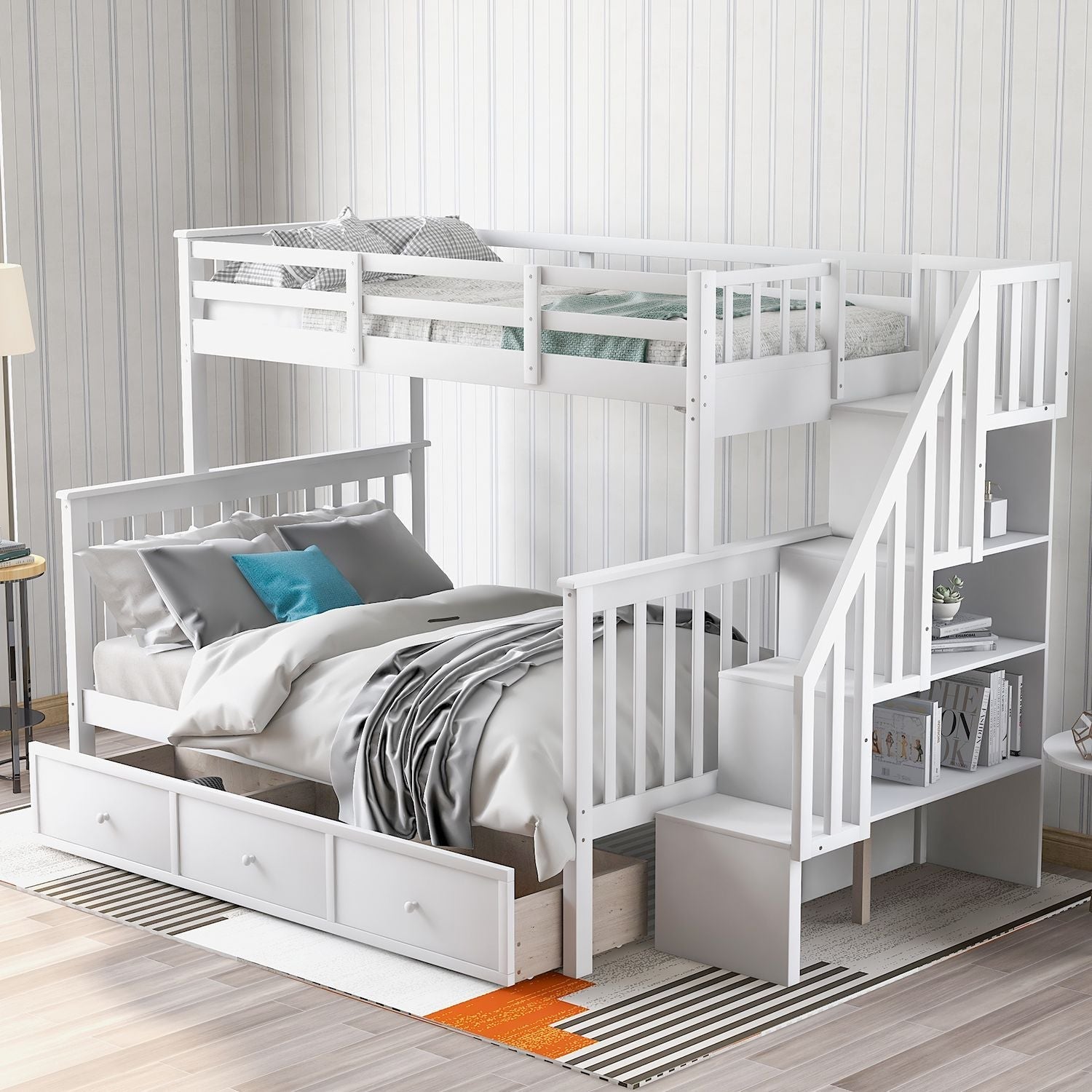 Space-Saving Twin Over Full Wood Bunk Bed with Stair Drawers and Guard Rail in White | Just Better Bunk Beds