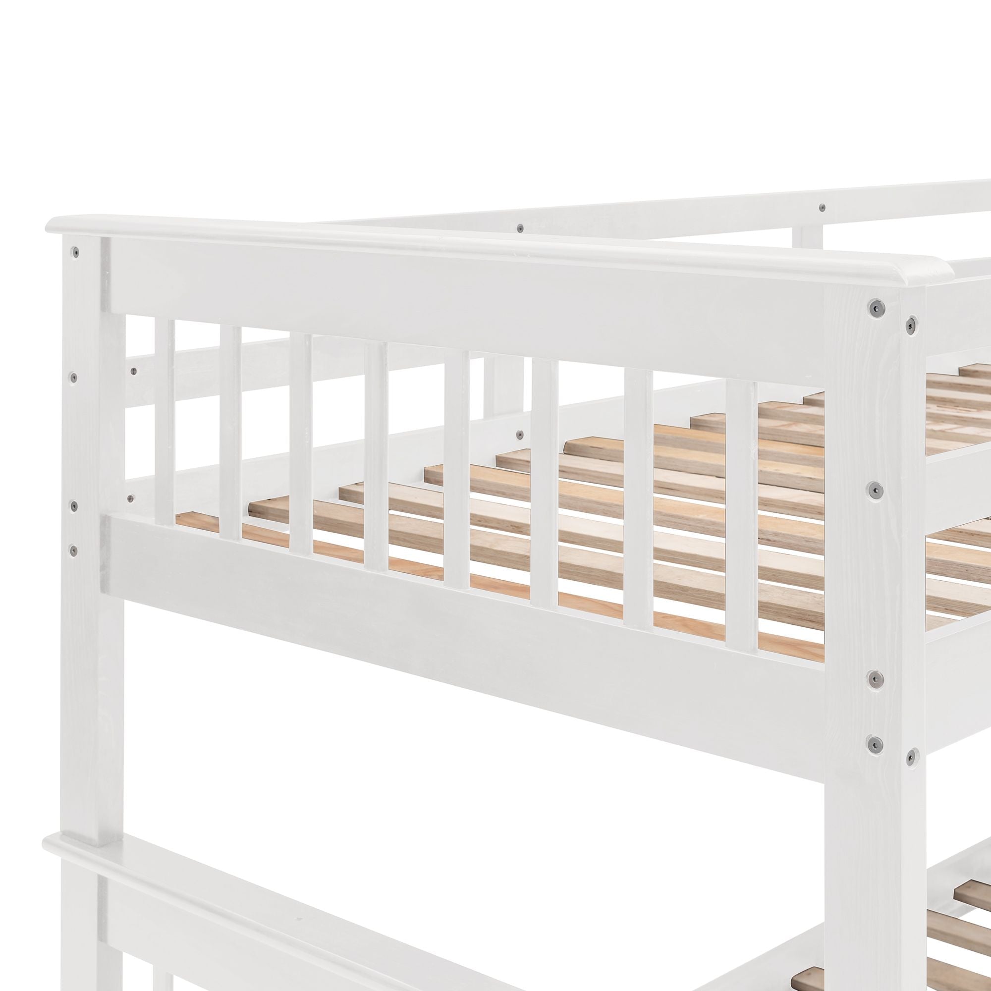 Space-Saving Twin-Over-Full Wood Bunk Bed with Stairway Storage Drawers and Guard Rails in White | Just Better Bunk Beds