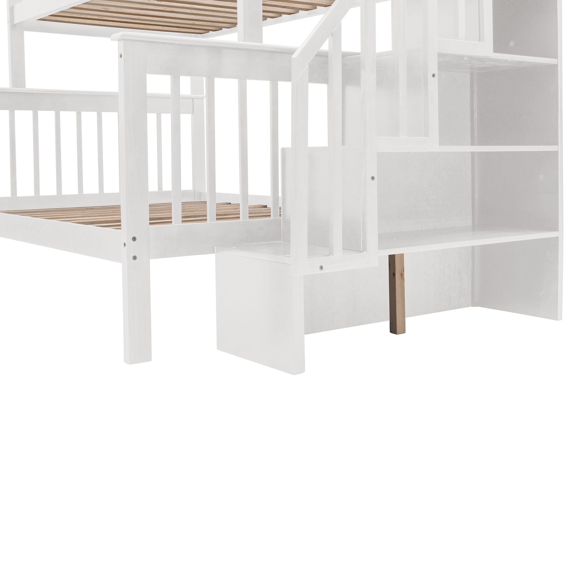 Space-Saving Twin-Over-Full Wood Bunk Bed with Stairway Storage Drawers and Guard Rails in White | Just Better Bunk Beds