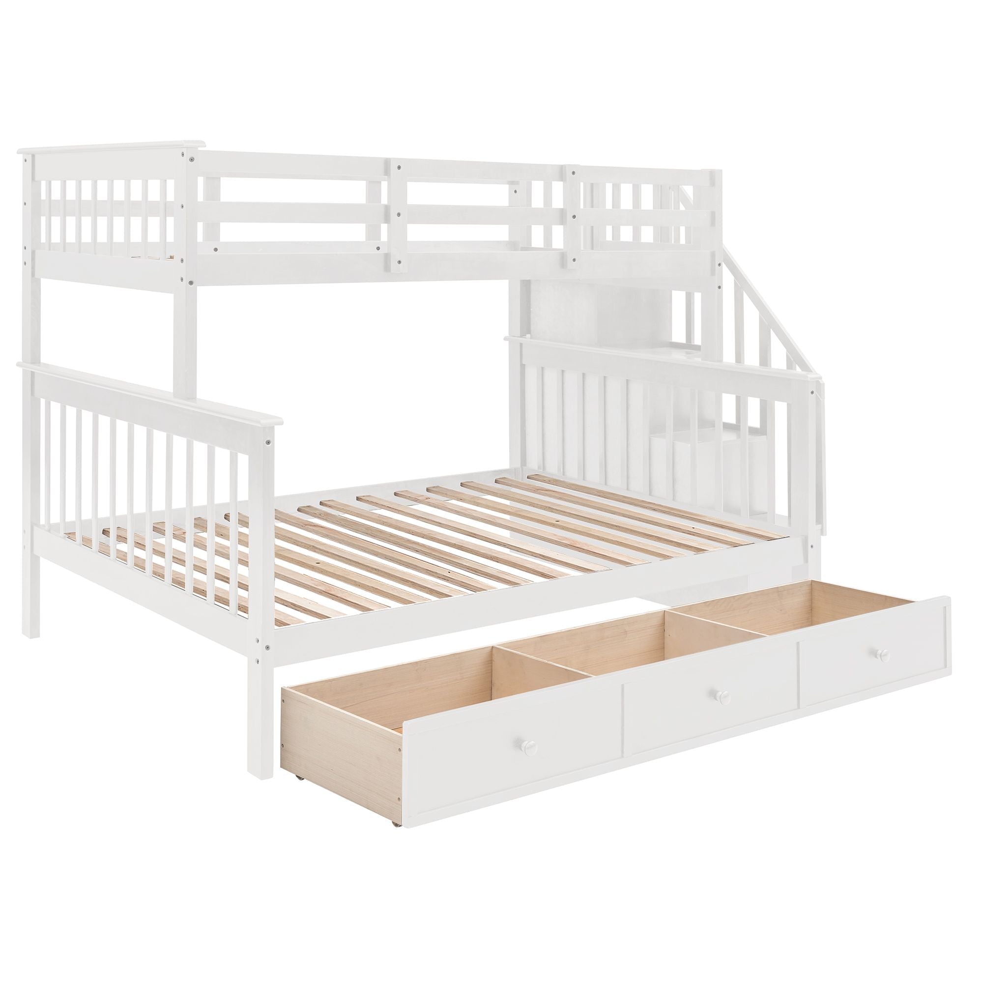 Space-Saving Twin-Over-Full Wood Bunk Bed with Stairway Storage Drawers and Guard Rails in White | Just Better Bunk Beds