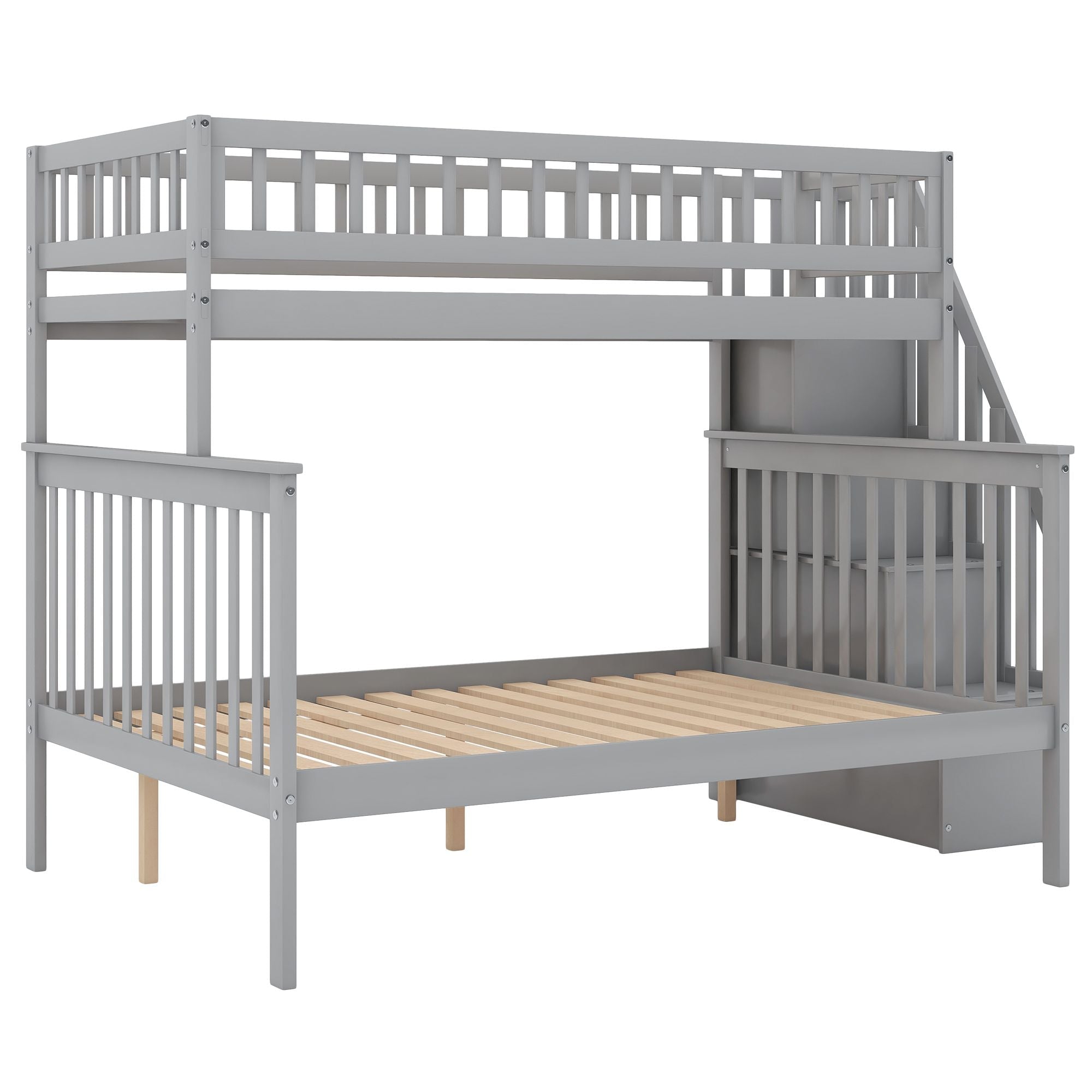 Space-Saving Twin over Full Wood Bunk Bed with Stairway Storage Drawers in Gray or White | Just Better Bunk Beds