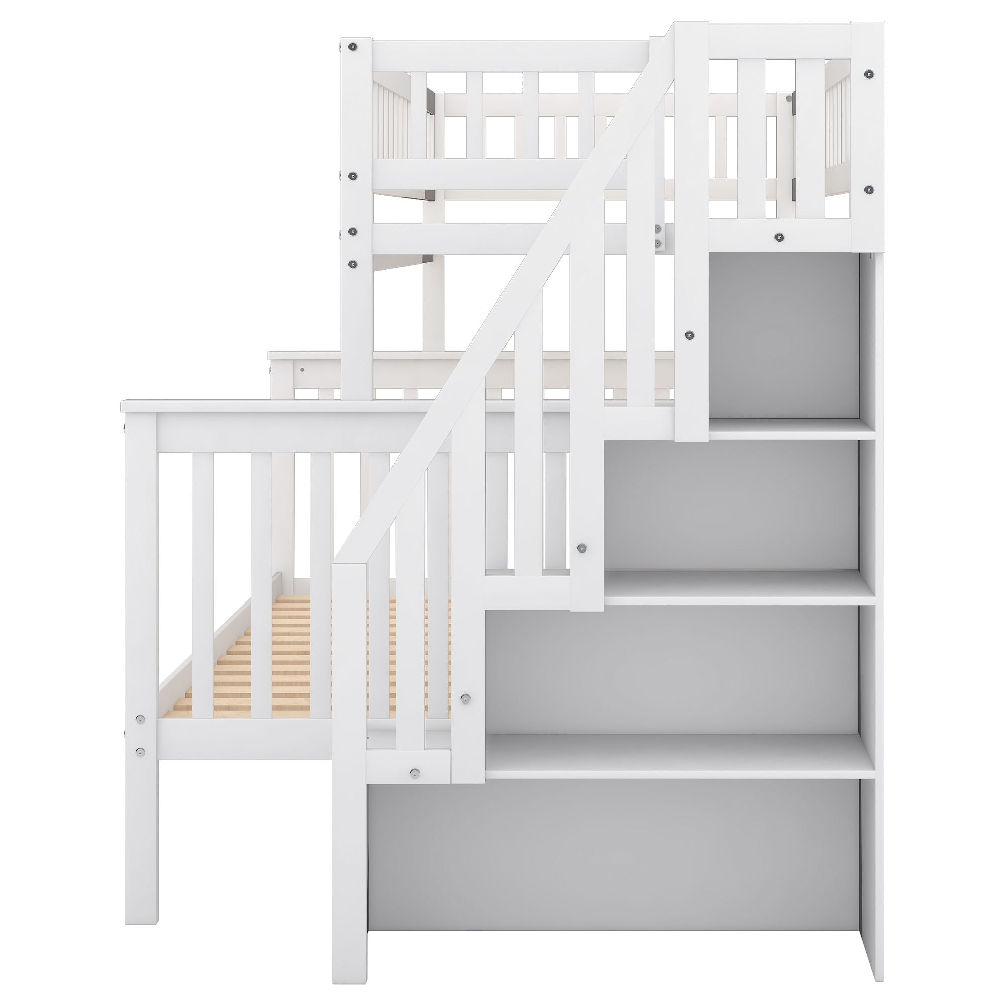 Space-Saving Twin over Full Wood Bunk Bed with Stairway Storage Drawers in Gray or White | Just Better Bunk Beds