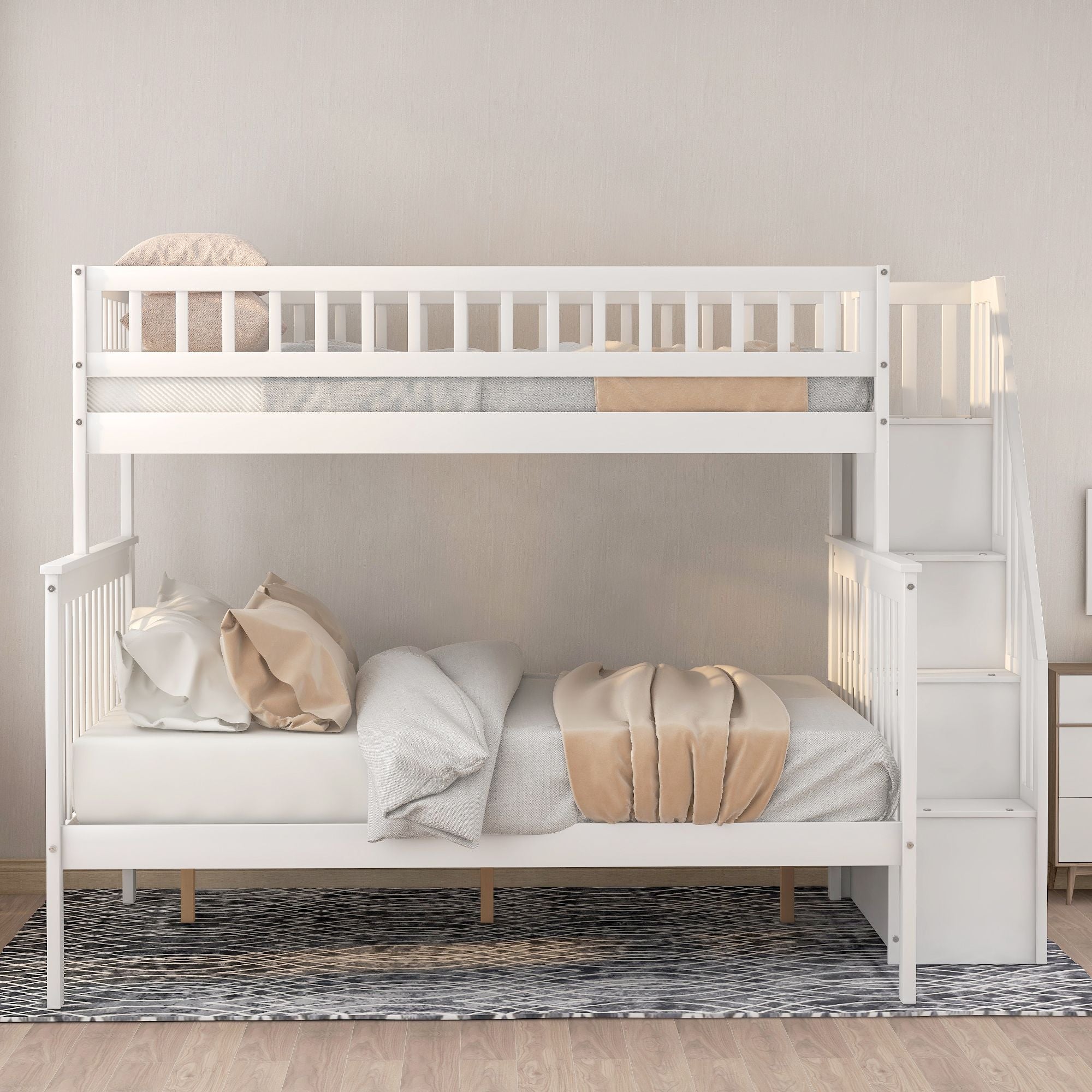 Space-Saving Twin over Full Wood Bunk Bed with Stairway Storage Drawers in Gray or White | Just Better Bunk Beds