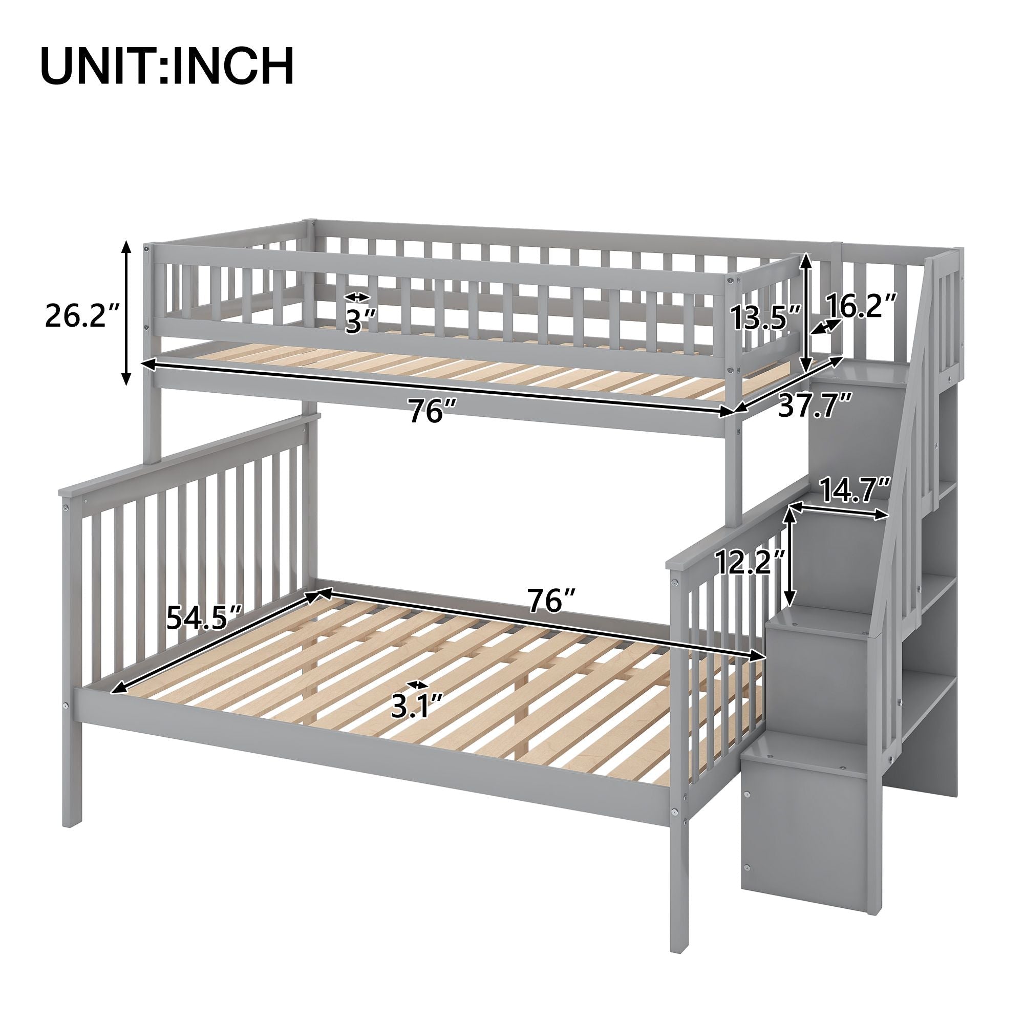 Space-Saving Twin over Full Wood Bunk Bed with Stairway Storage Drawers in Gray or White | Just Better Bunk Beds