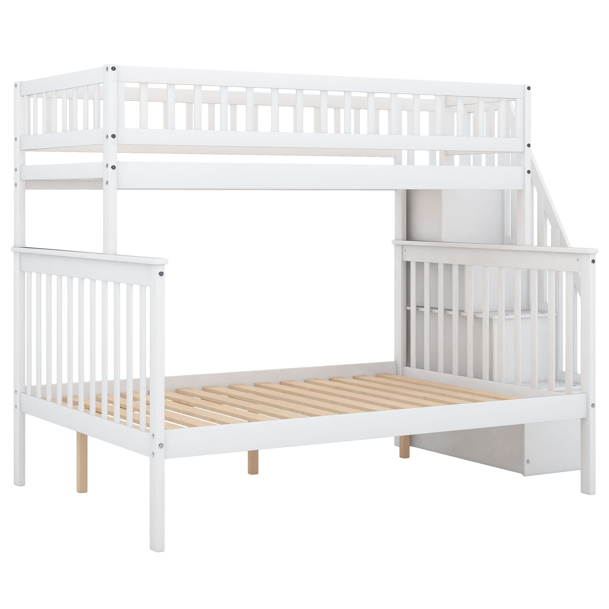 Space-Saving Twin over Full Wood Bunk Bed with Stairway Storage Drawers in Gray or White | Just Better Bunk Beds