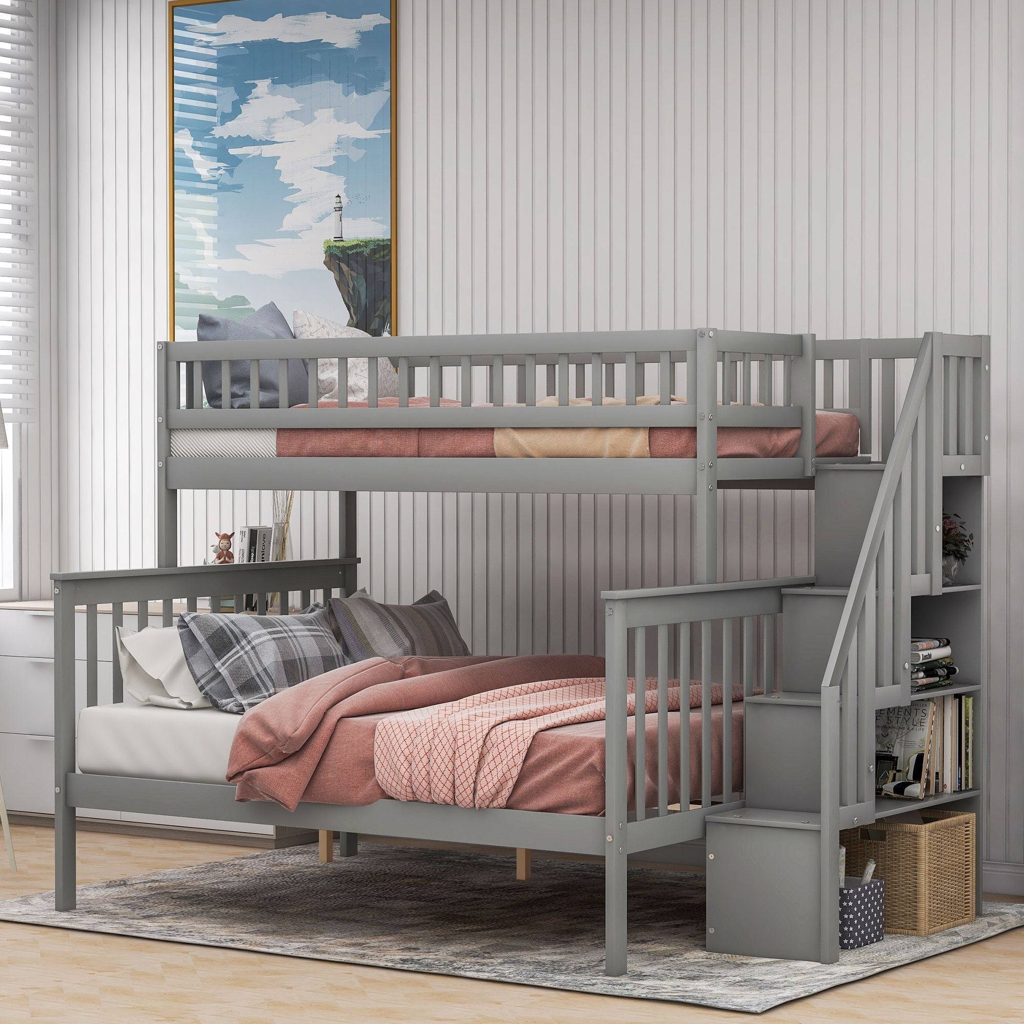 Space-Saving Twin over Full Wood Bunk Bed with Stairway Storage Drawers in Gray or White | Just Better Bunk Beds