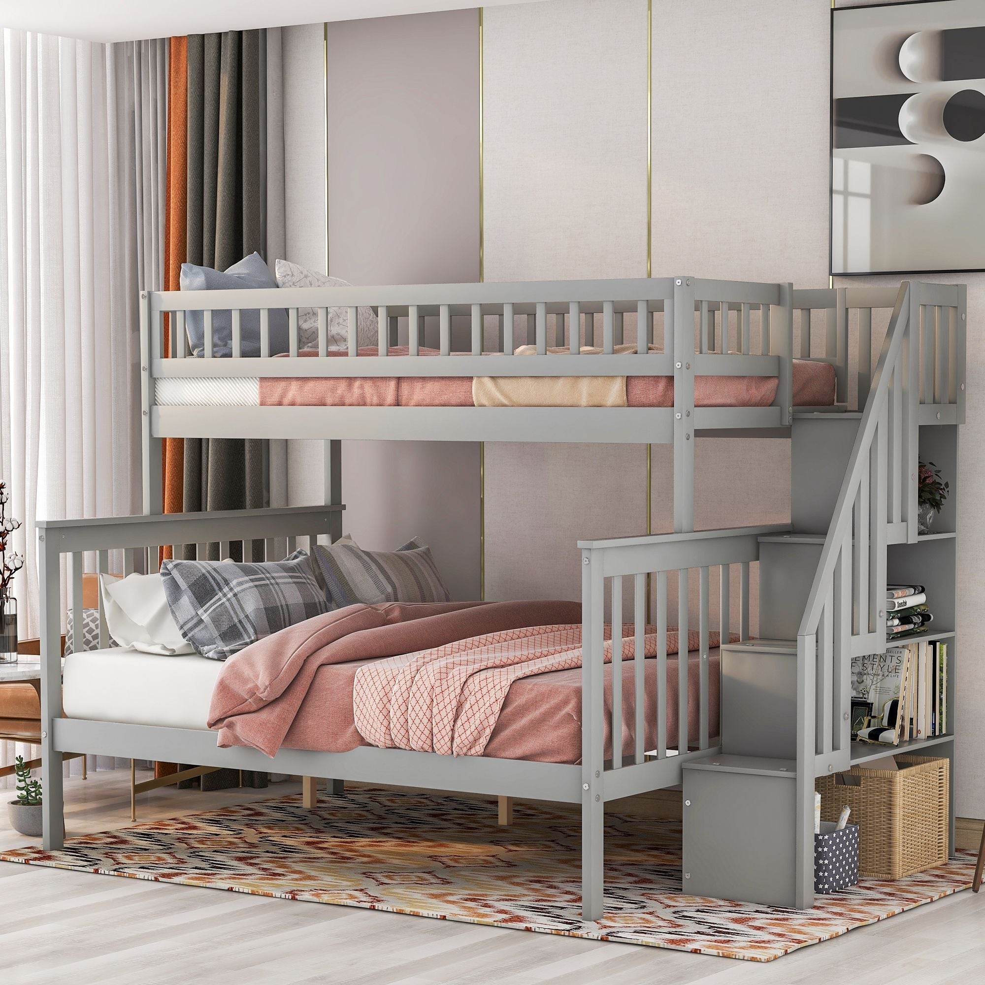 Space-Saving Twin over Full Wood Bunk Bed with Stairway Storage Drawers in Gray or White | Just Better Bunk Beds