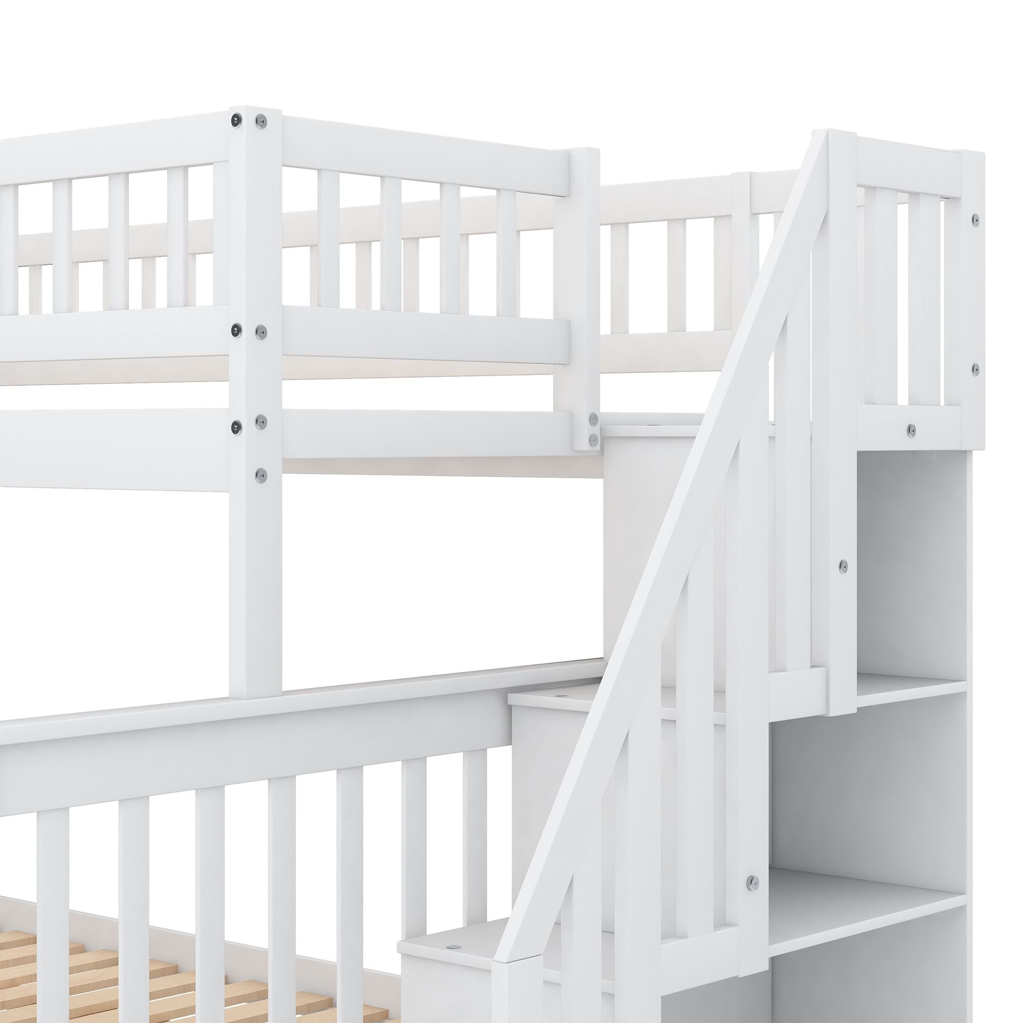 Space-Saving Twin over Full Wood Bunk Bed with Stairway Storage Drawers in Gray or White | Just Better Bunk Beds