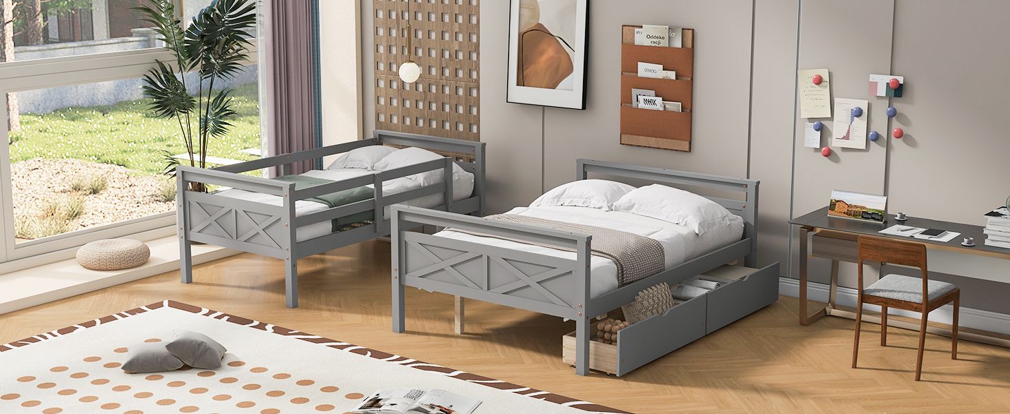 Space-Saving Twin Over Full Wood Bunk Bed with Storage Drawers, Ladder, and Guardrail in Gray | Just Better Bunk Beds