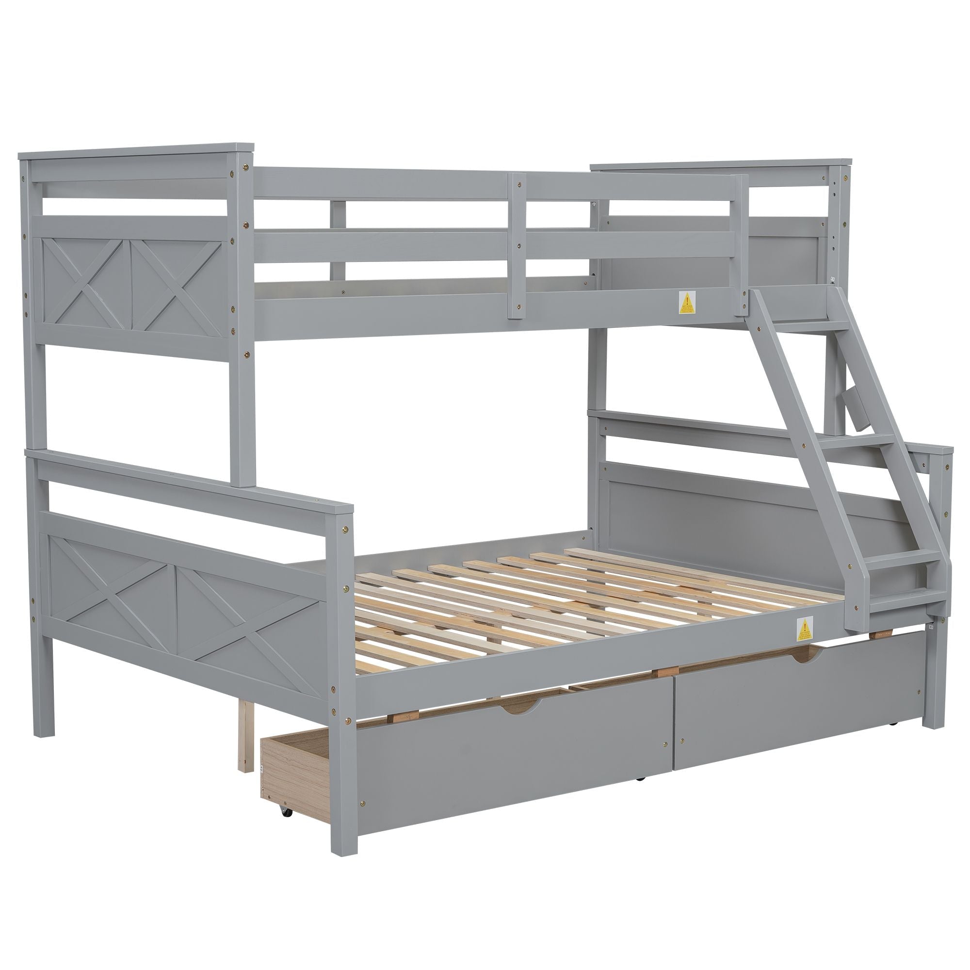 Space-Saving Twin Over Full Wood Bunk Bed with Storage Drawers, Ladder, and Guardrail in Gray | Just Better Bunk Beds