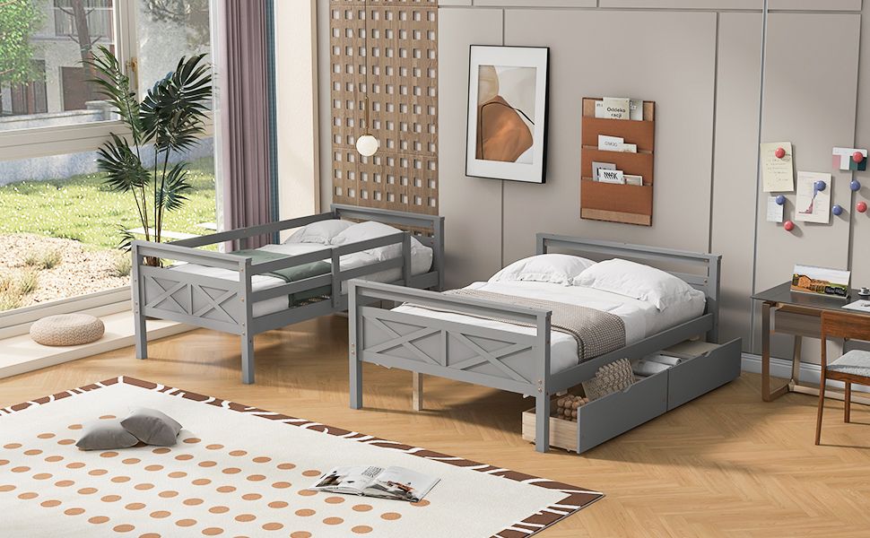 Space-Saving Twin Over Full Wood Bunk Bed with Storage Drawers, Ladder, and Guardrail in Gray | Just Better Bunk Beds