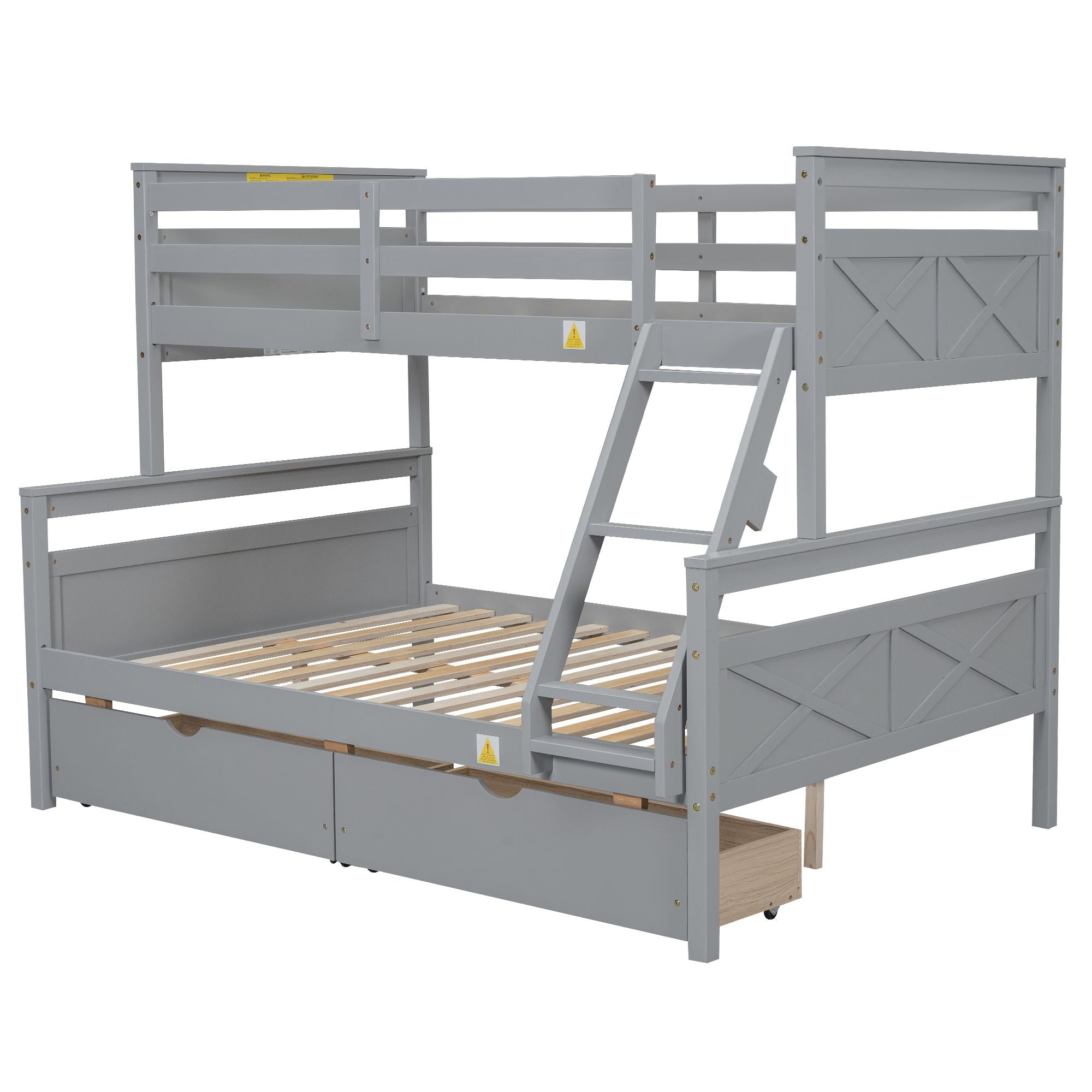 Space-Saving Twin Over Full Wood Bunk Bed with Storage Drawers, Ladder, and Guardrail in Gray | Just Better Bunk Beds