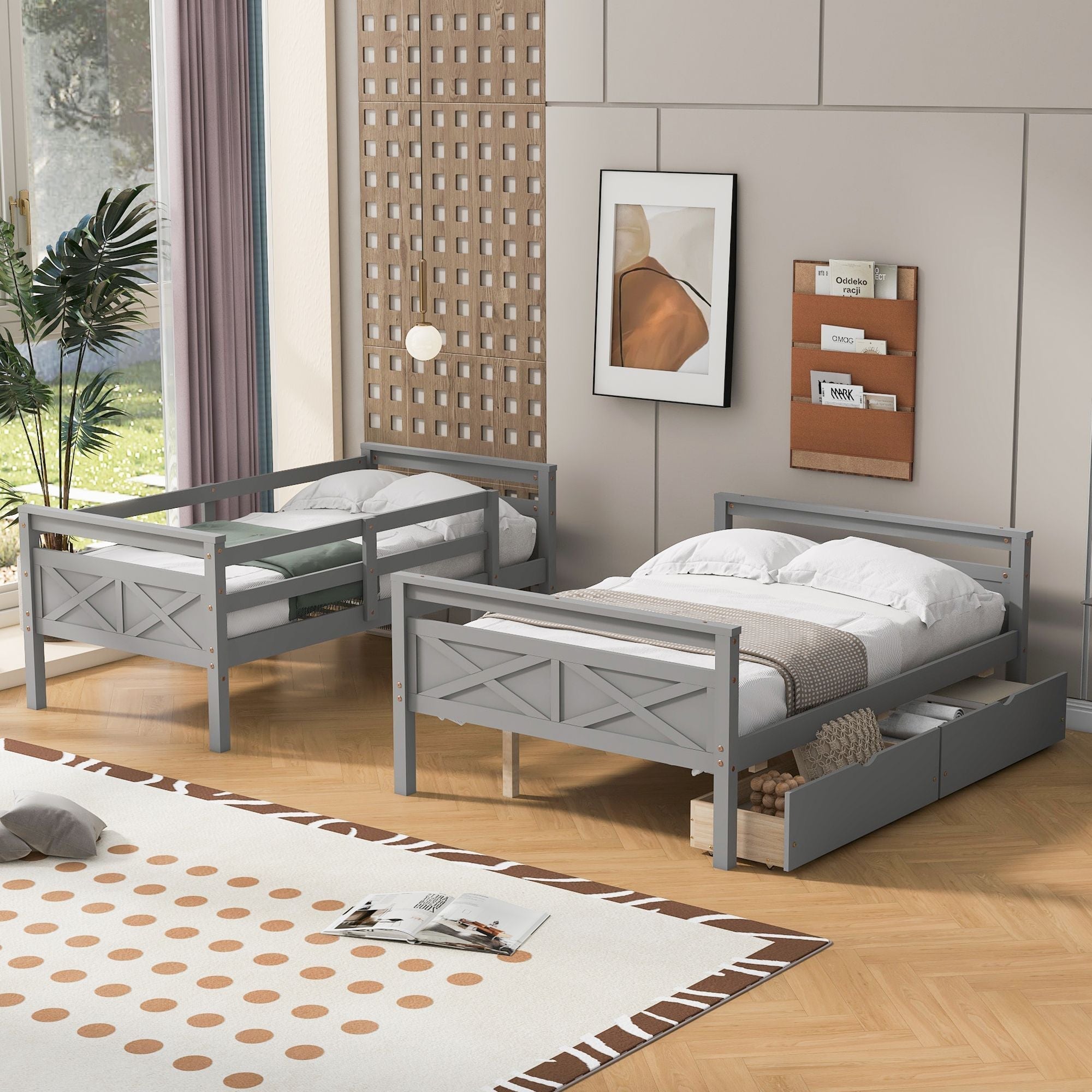 Space-Saving Twin Over Full Wood Bunk Bed with Storage Drawers, Ladder, and Guardrail in Gray | Just Better Bunk Beds