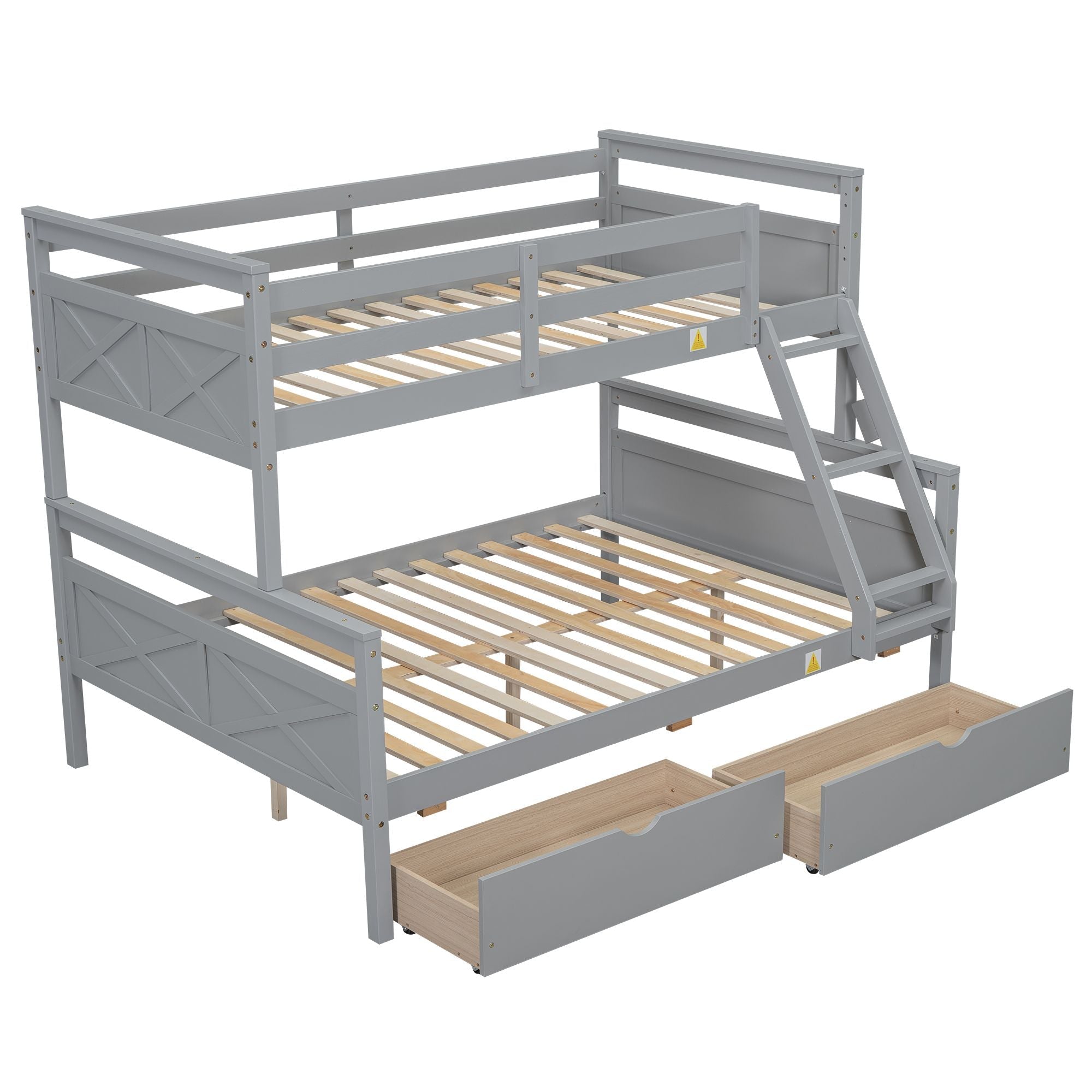 Space-Saving Twin Over Full Wood Bunk Bed with Storage Drawers, Ladder, and Guardrail in Gray | Just Better Bunk Beds