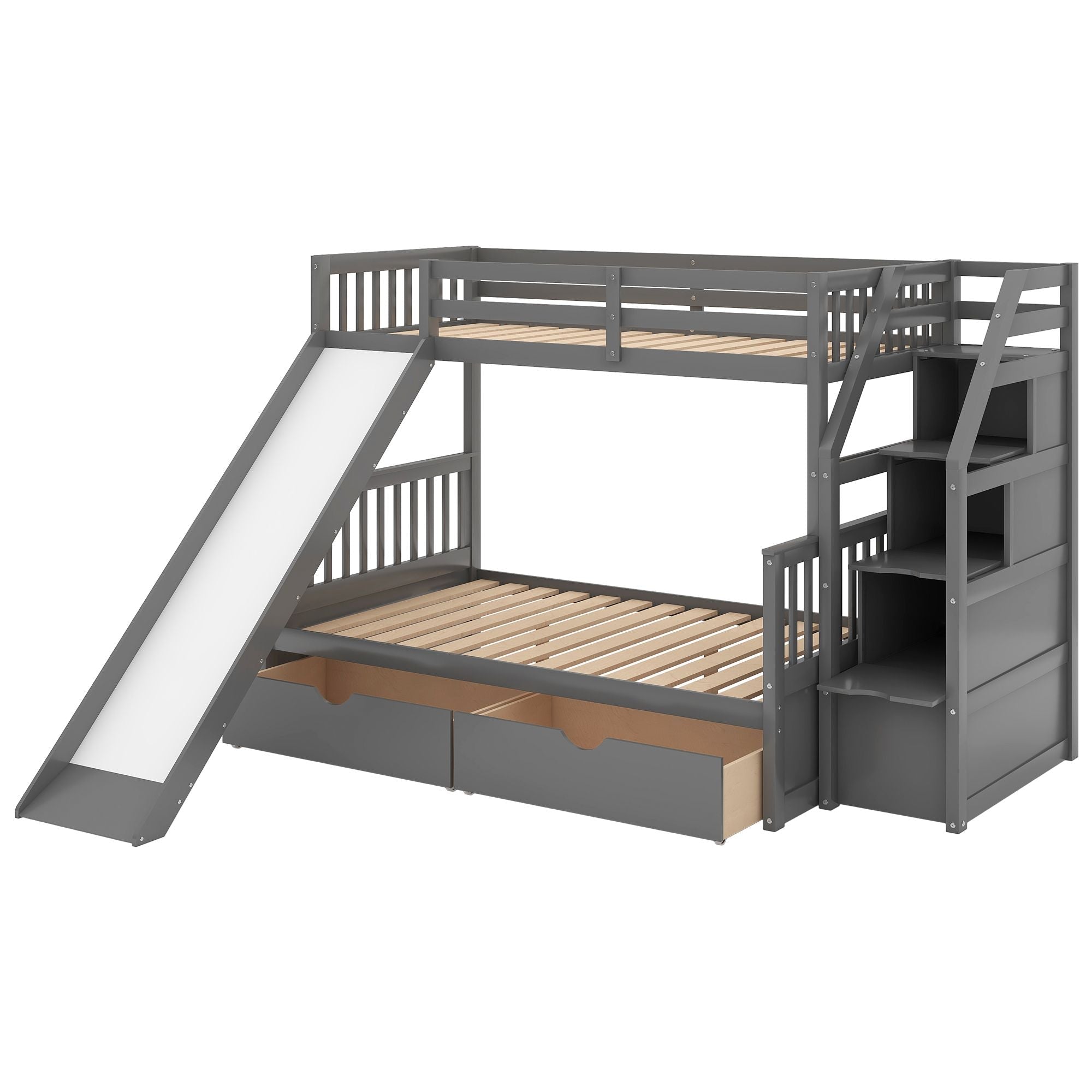 Space-Saving Twin Over Full Wood Bunk Bed with Storage Drawers, Slide, Stairs in Gray | Just Better Bunk Beds