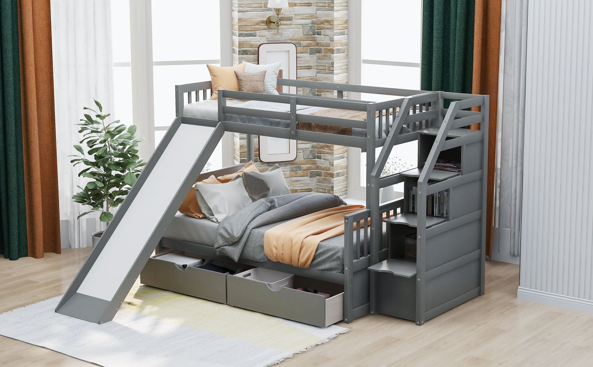 Space-Saving Twin Over Full Wood Bunk Bed with Storage Drawers, Slide, Stairs in Gray | Just Better Bunk Beds