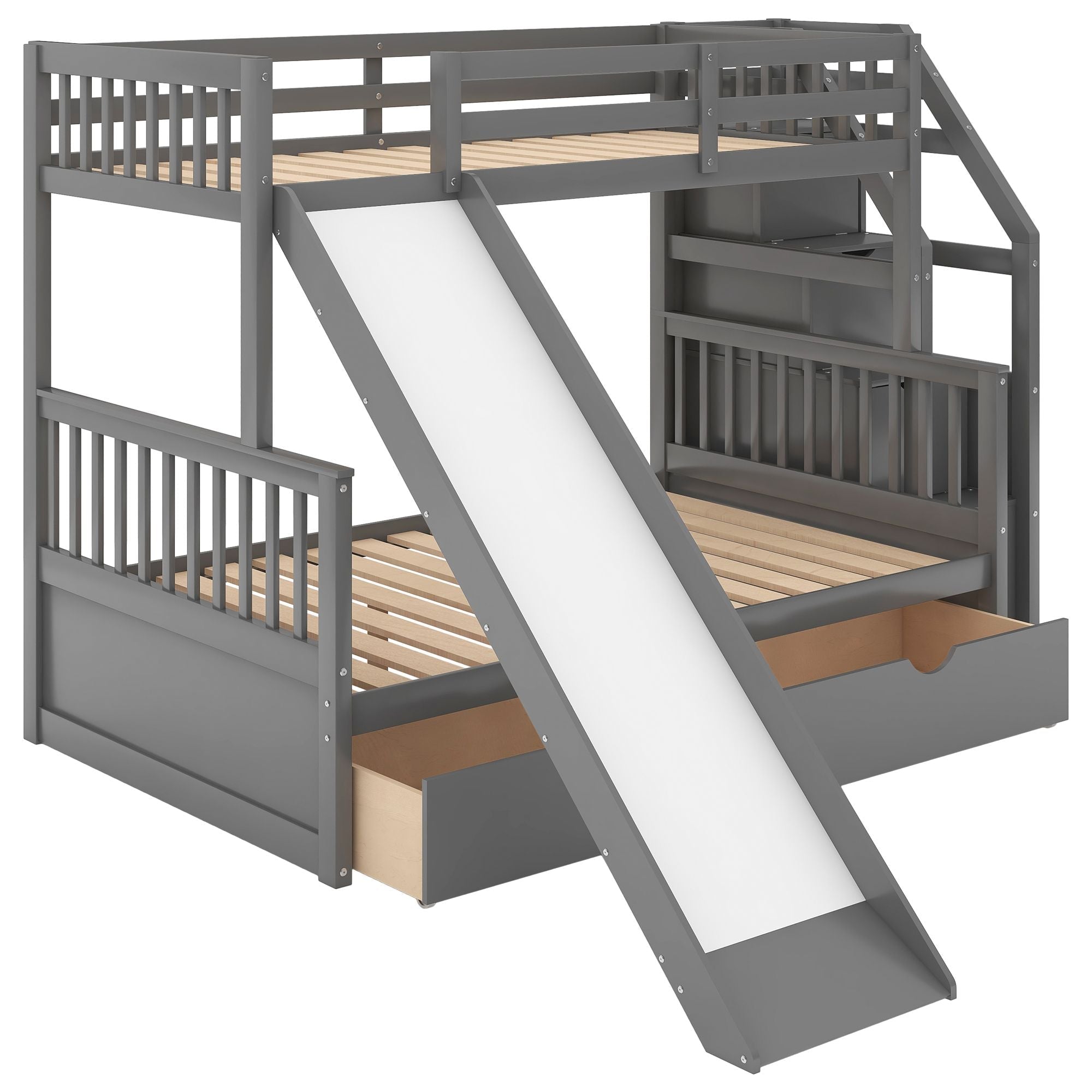 Space-Saving Twin Over Full Wood Bunk Bed with Storage Drawers, Slide, Stairs in Gray | Just Better Bunk Beds