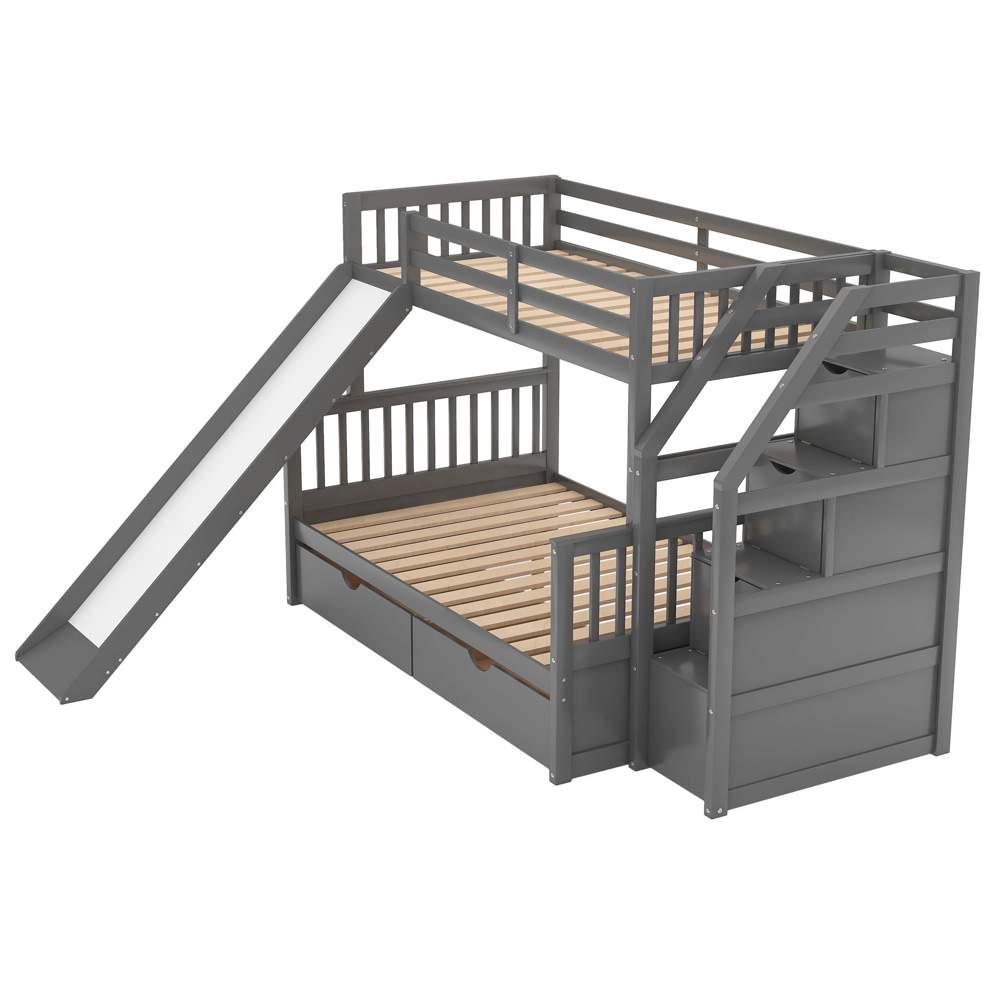Space-Saving Twin Over Full Wood Bunk Bed with Storage Drawers, Slide, Stairs in Gray | Just Better Bunk Beds