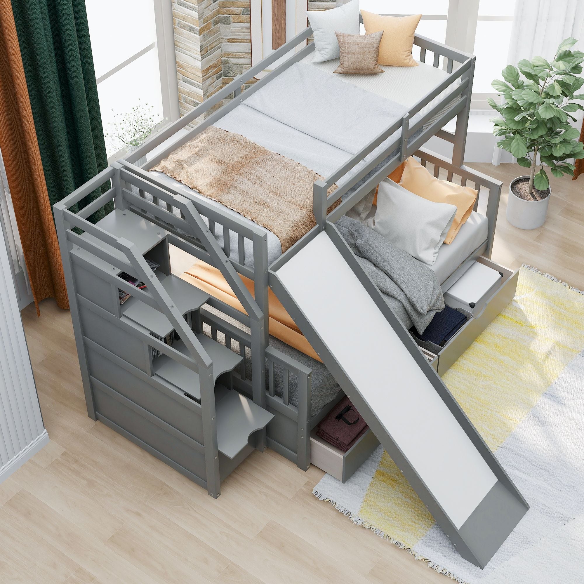 Space-Saving Twin Over Full Wood Bunk Bed with Storage Drawers, Slide, Stairs in Gray | Just Better Bunk Beds