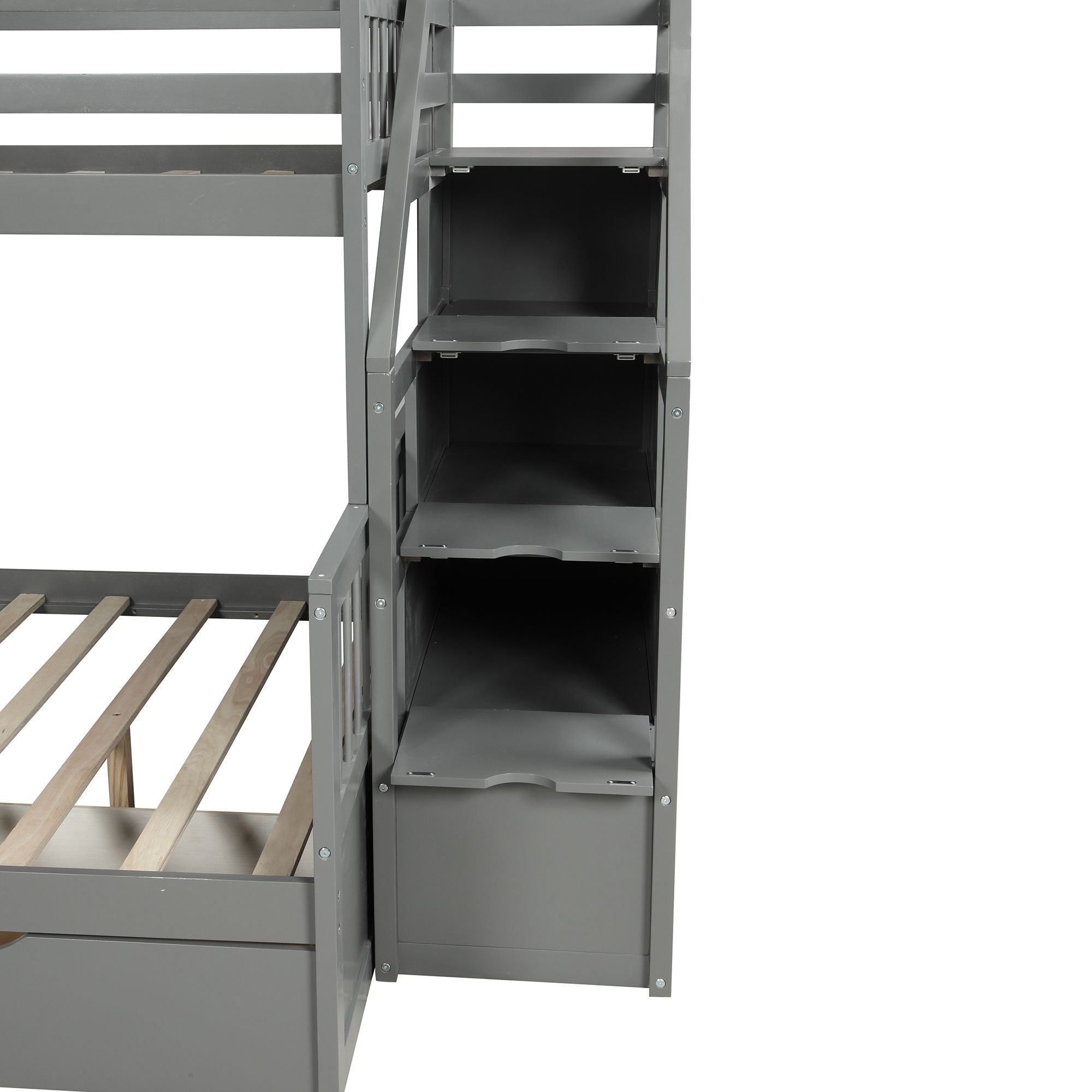 Space-Saving Twin Over Full Wood Bunk Bed with Storage Drawers, Slide, Stairs in Gray | Just Better Bunk Beds