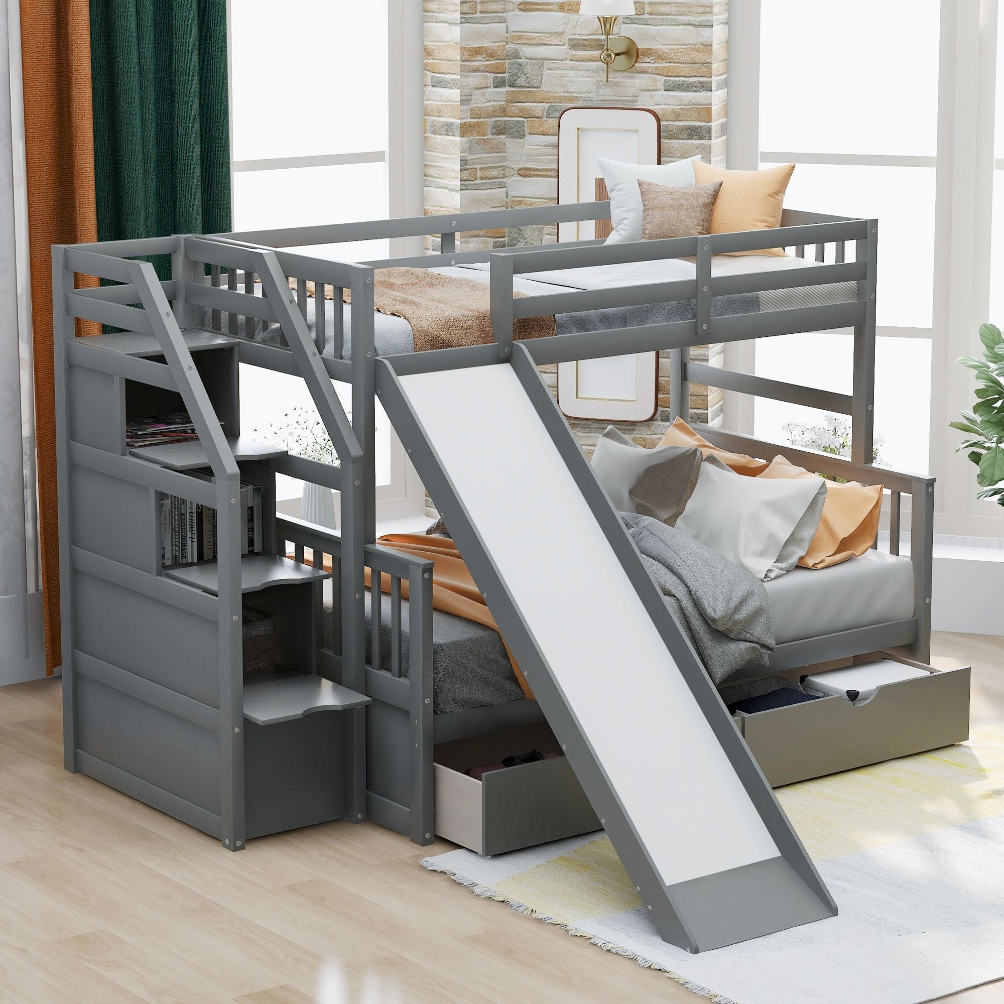 Space-Saving Twin Over Full Wood Bunk Bed with Storage Drawers, Slide, Stairs in Gray | Just Better Bunk Beds