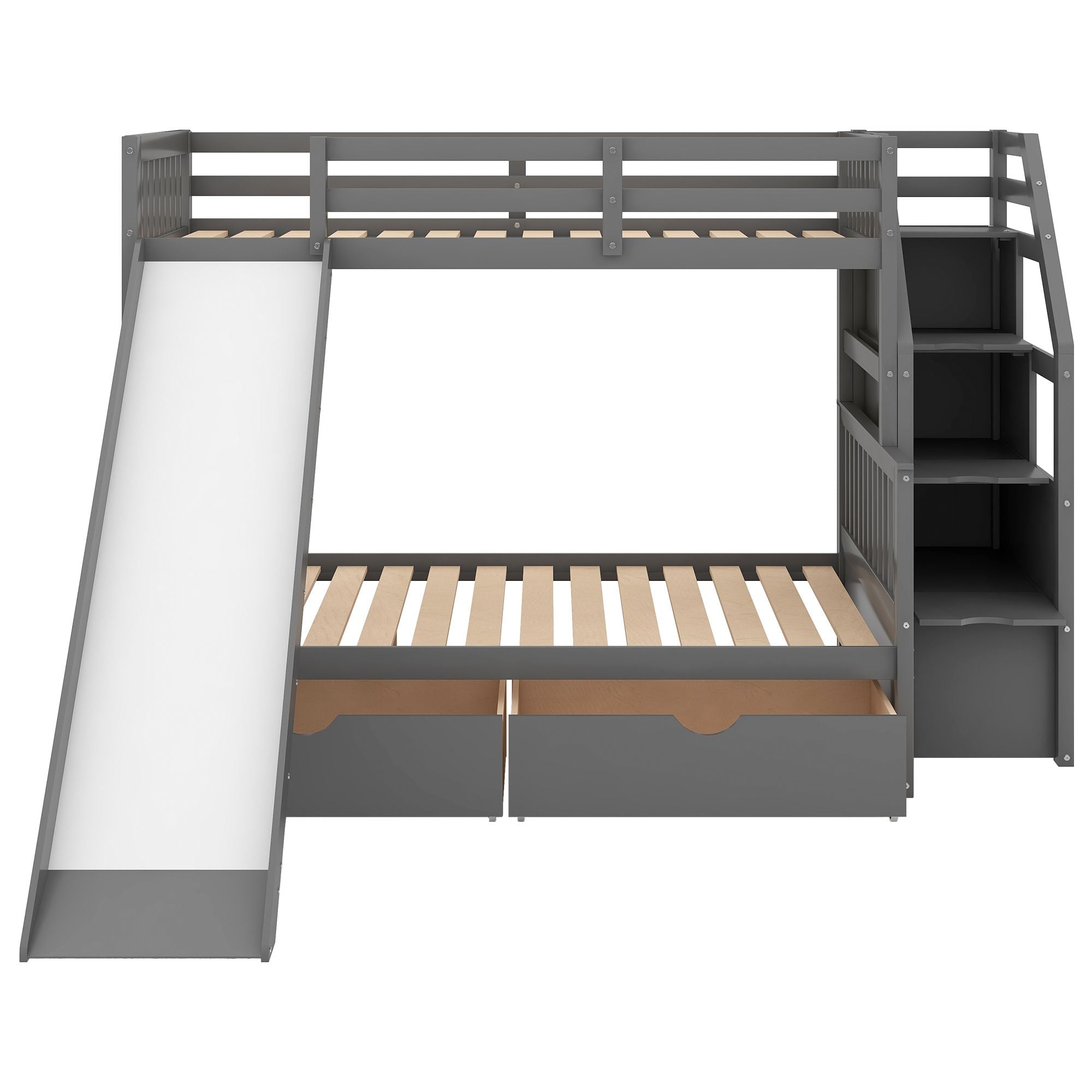 Space-Saving Twin Over Full Wood Bunk Bed with Storage Drawers, Slide, Stairs in Gray | Just Better Bunk Beds