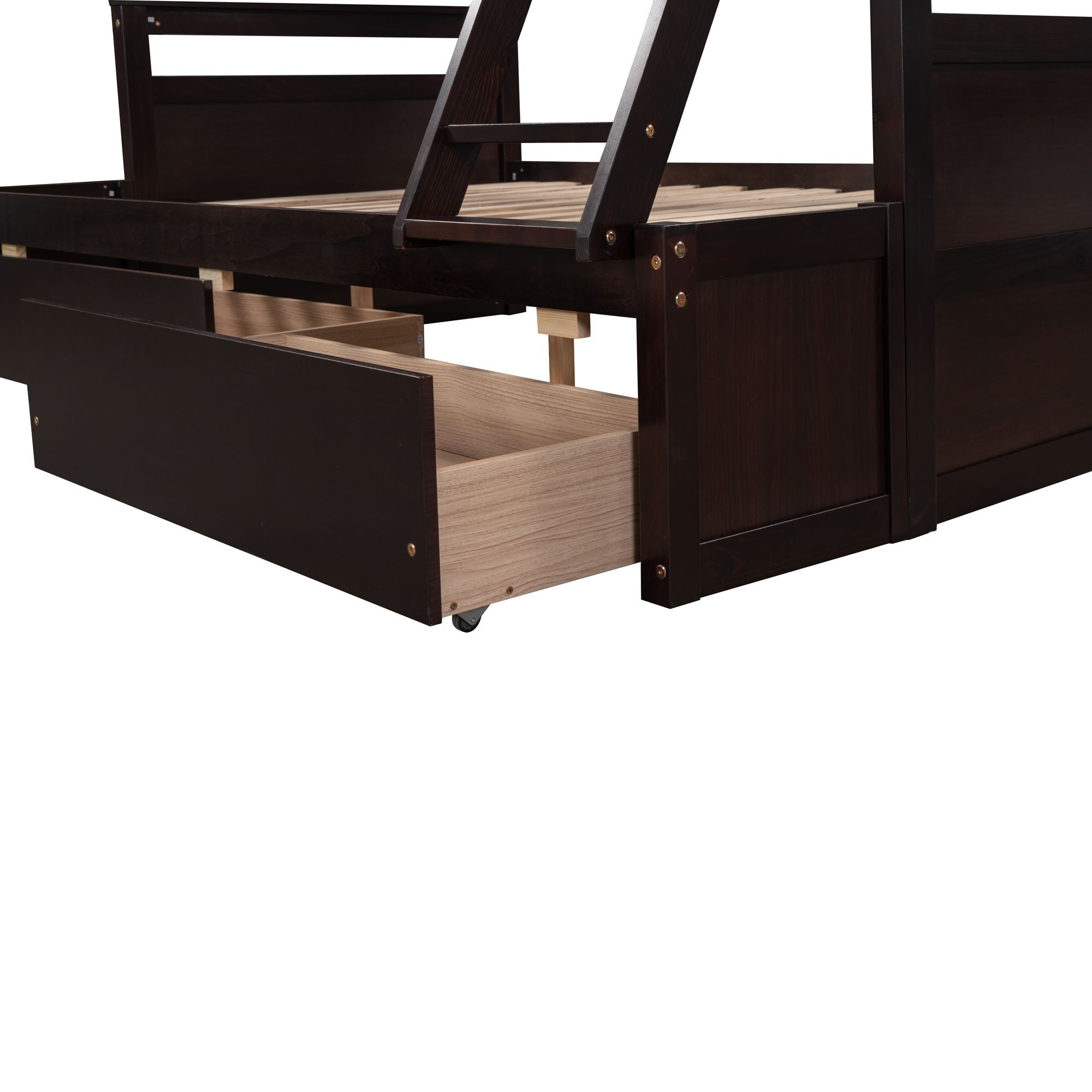Space-Saving Twin Over Full Wood Bunk Bed with Storage Drawers, White Gray Espresso | Just Better Bunk Beds