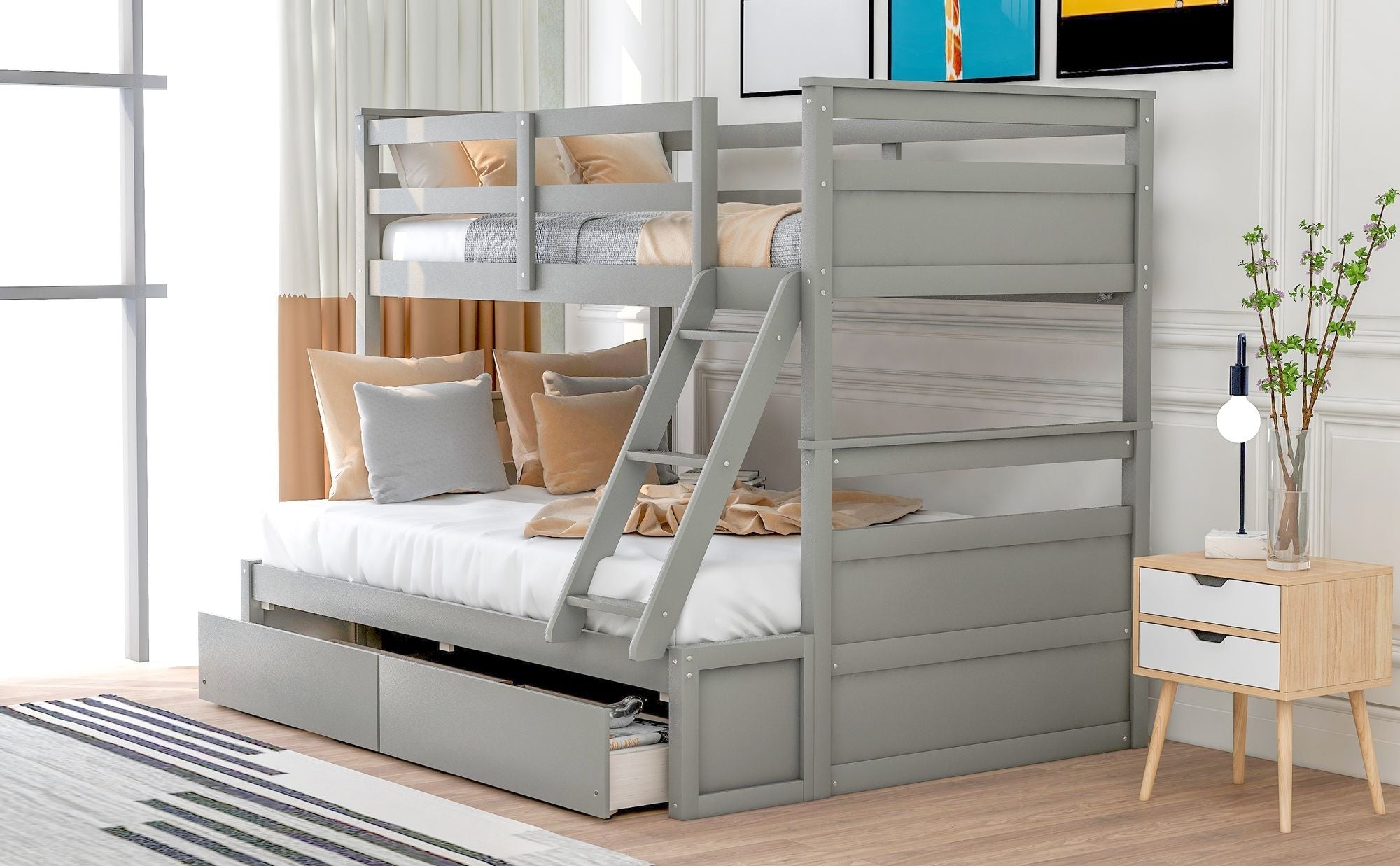 Space-Saving Twin Over Full Wood Bunk Bed with Storage Drawers, White Gray Espresso | Just Better Bunk Beds